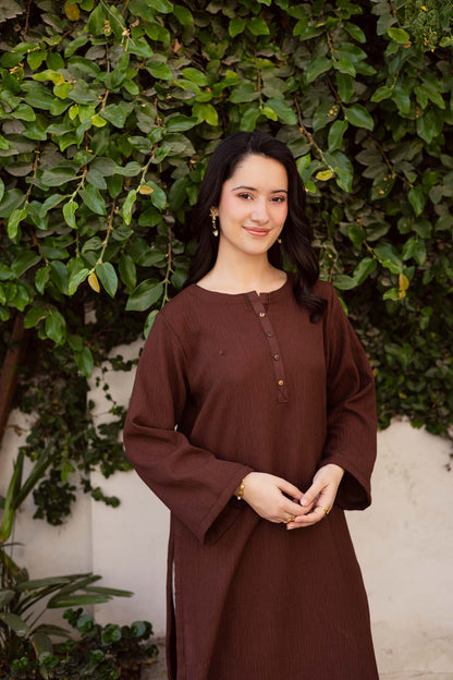 1PC Textured Kurta-Dark Brown