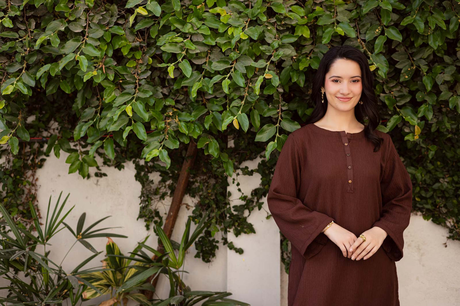 1PC Textured Kurta-Dark Brown