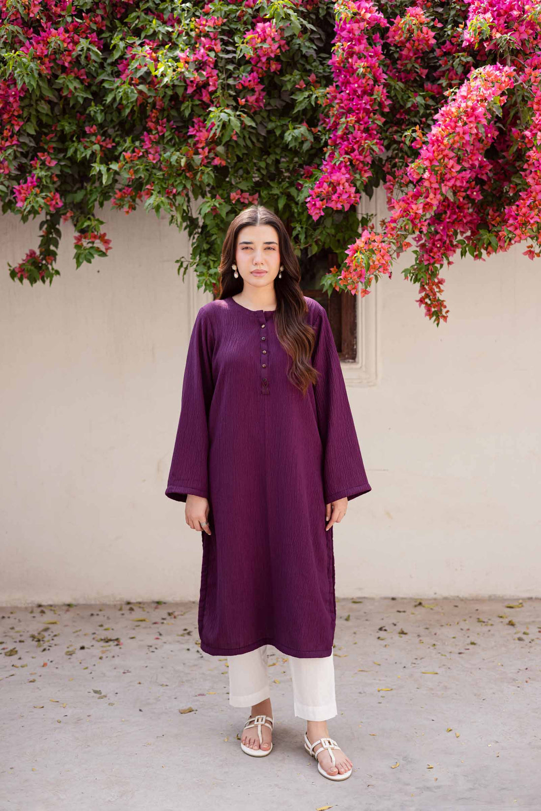 1PC Textured Kurta-Dark Plum