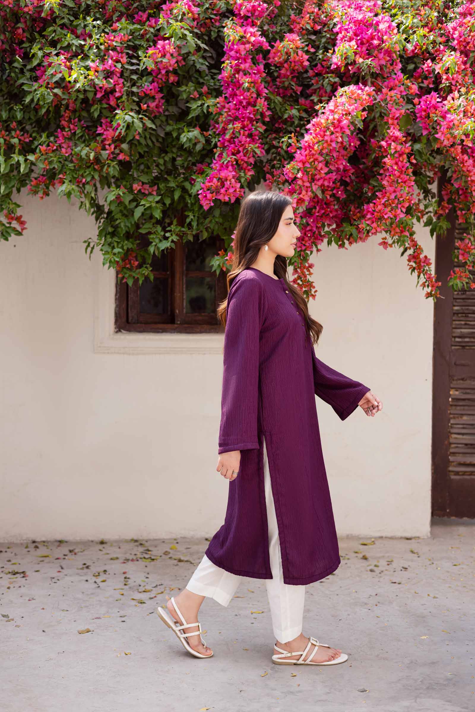 1PC Textured Kurta-Dark Plum