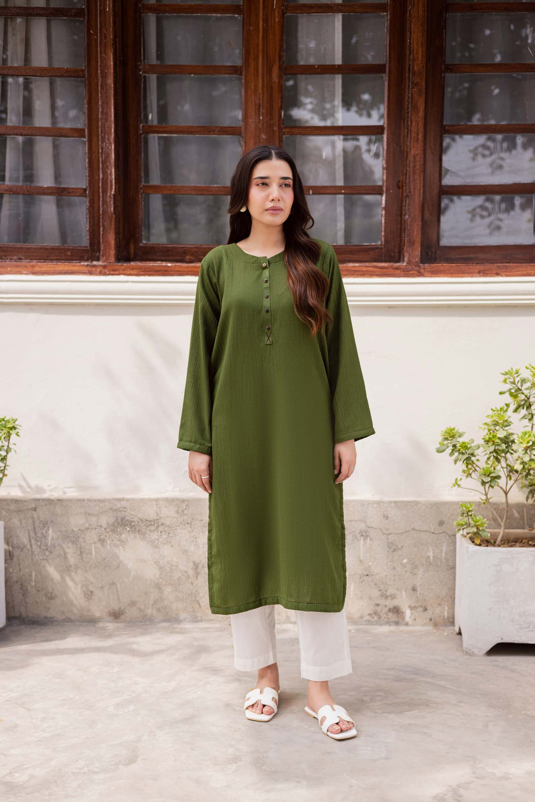 1PC Textured Kurta-Olive Green