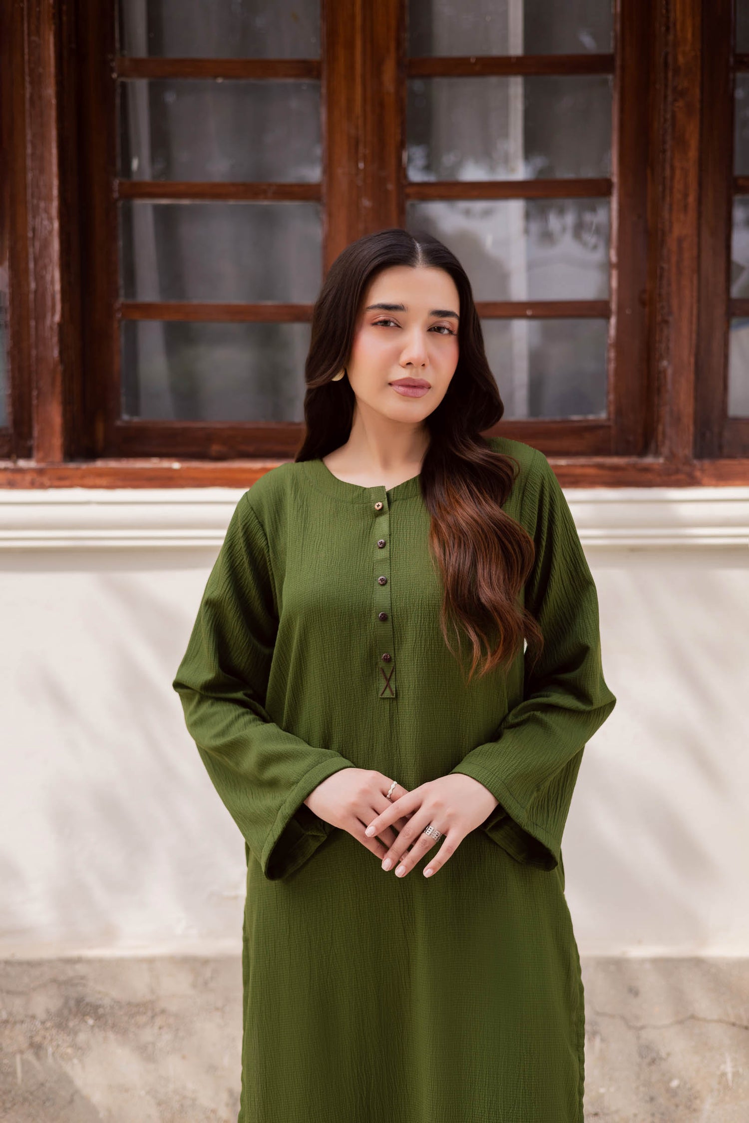 1PC Textured Kurta-Olive Green