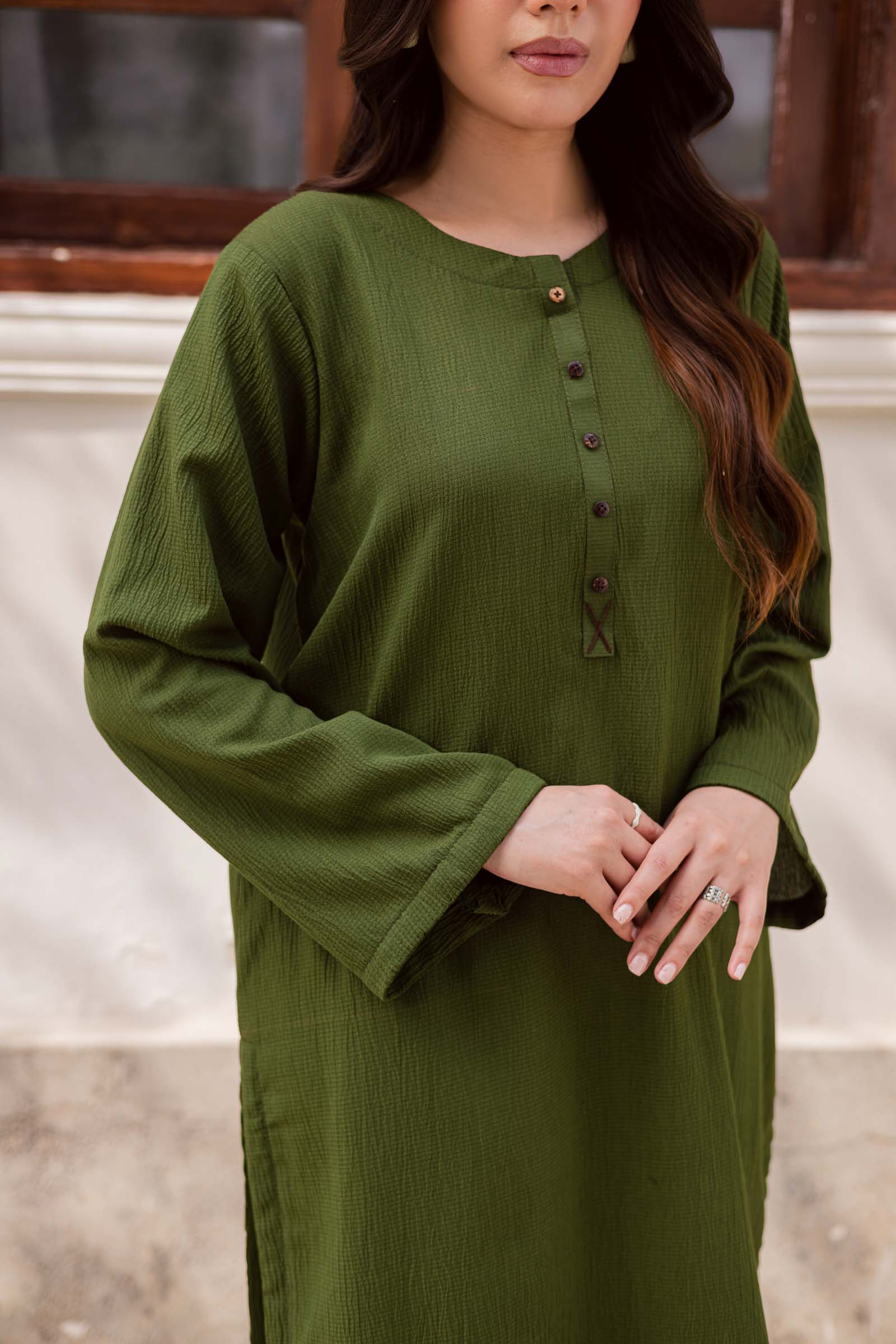 1PC Textured Kurta-Olive Green
