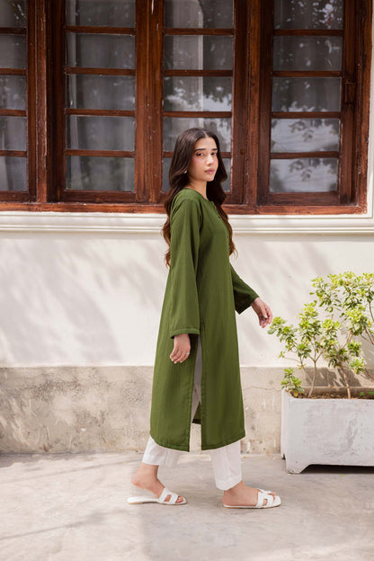 1PC Textured Kurta-Olive Green
