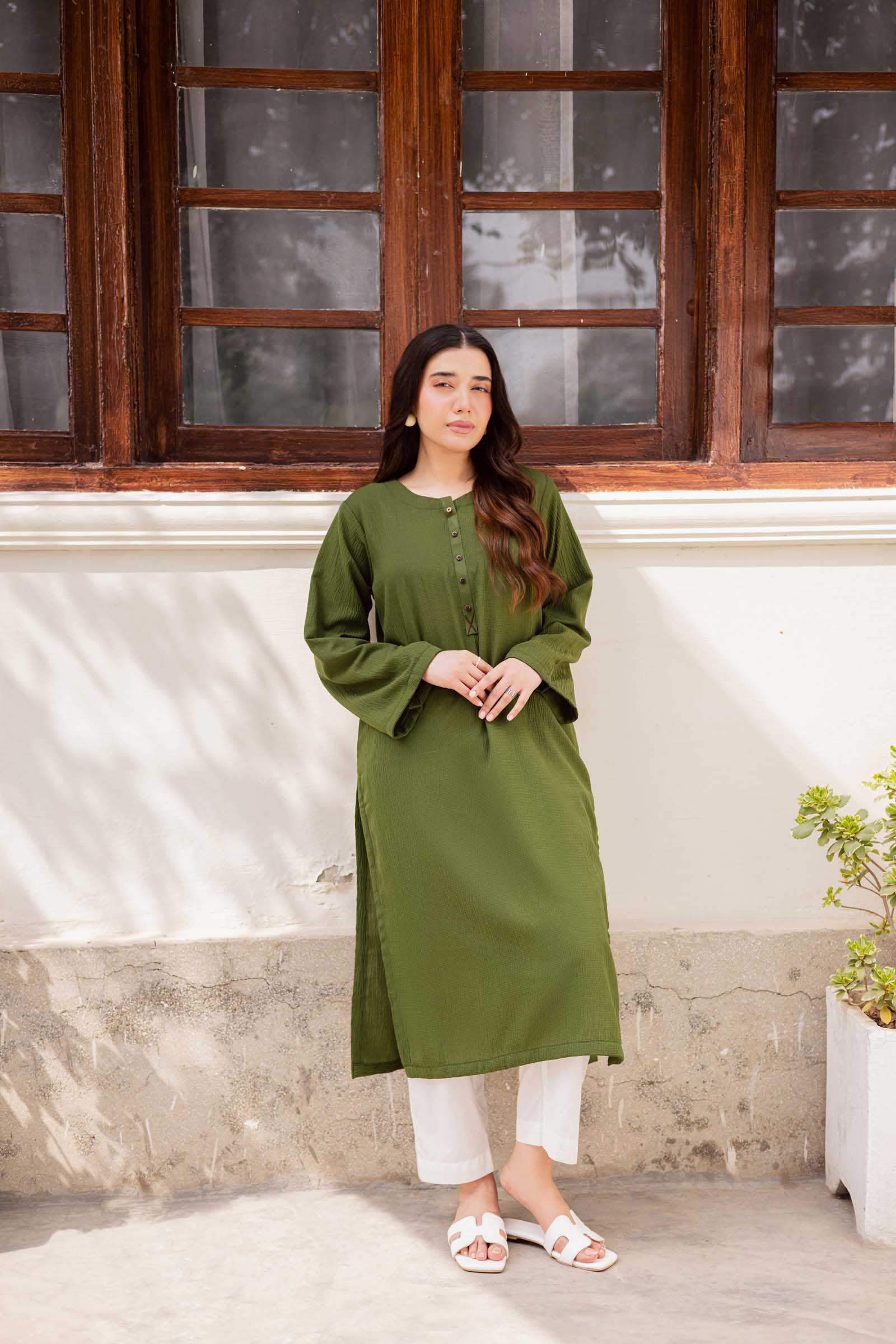 1PC Textured Kurta-Olive Green