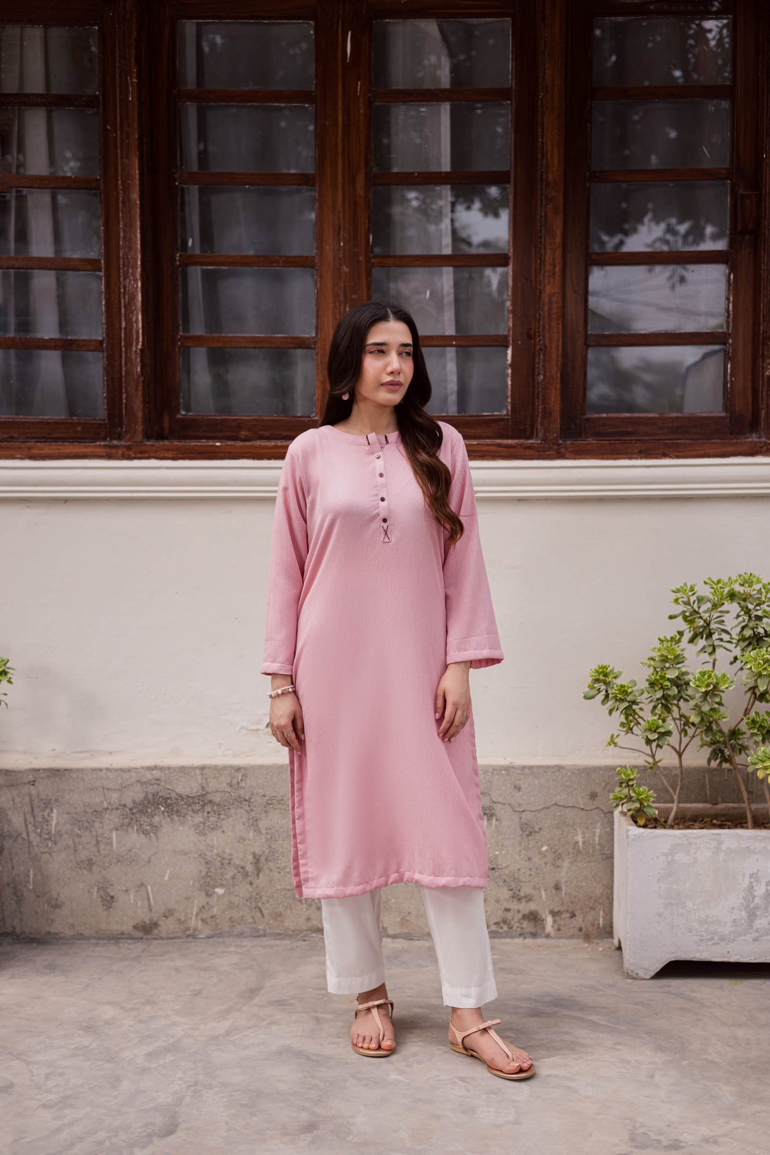 1PC Textured Kurta-Powder Pink