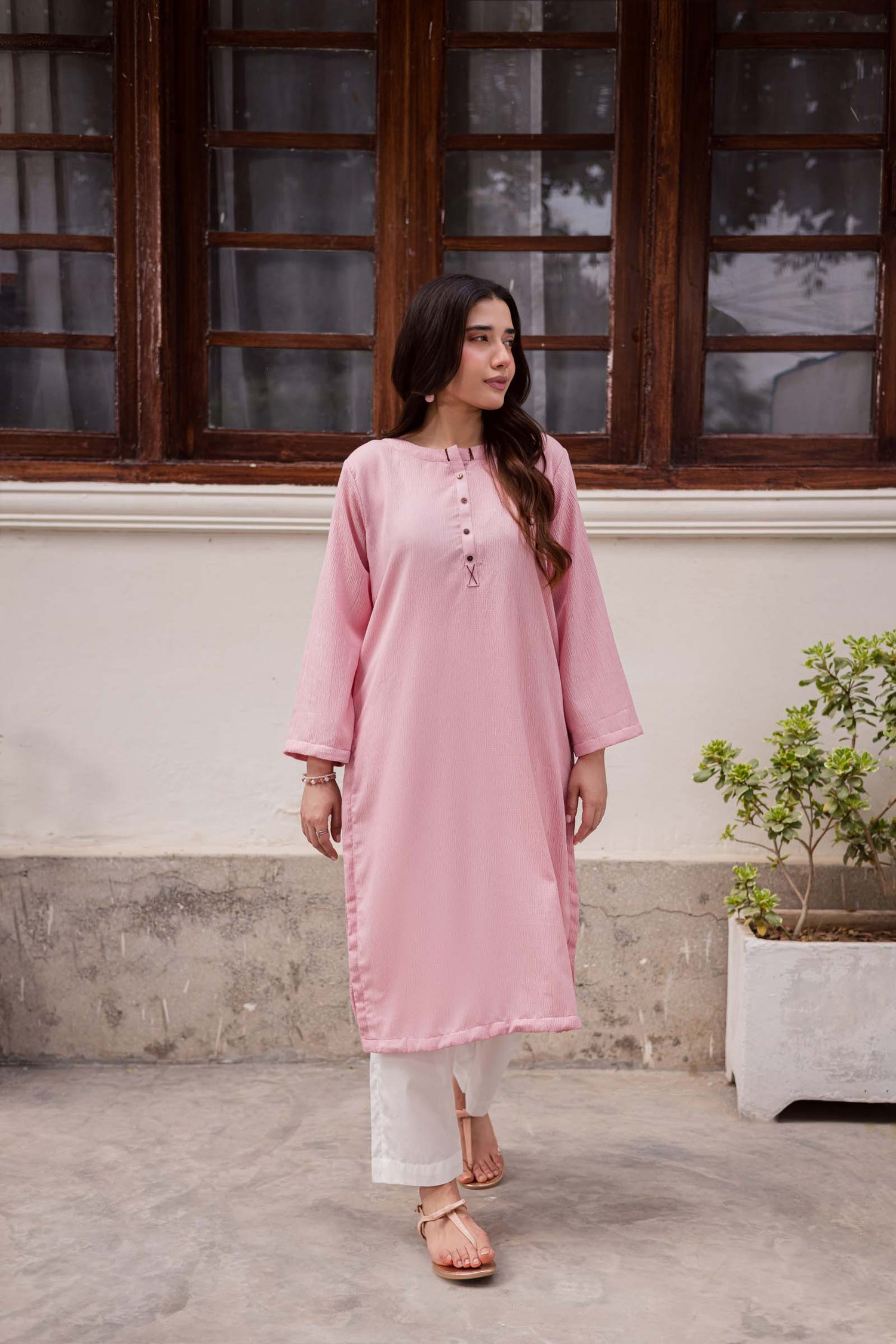 1PC Textured Kurta-Powder Pink