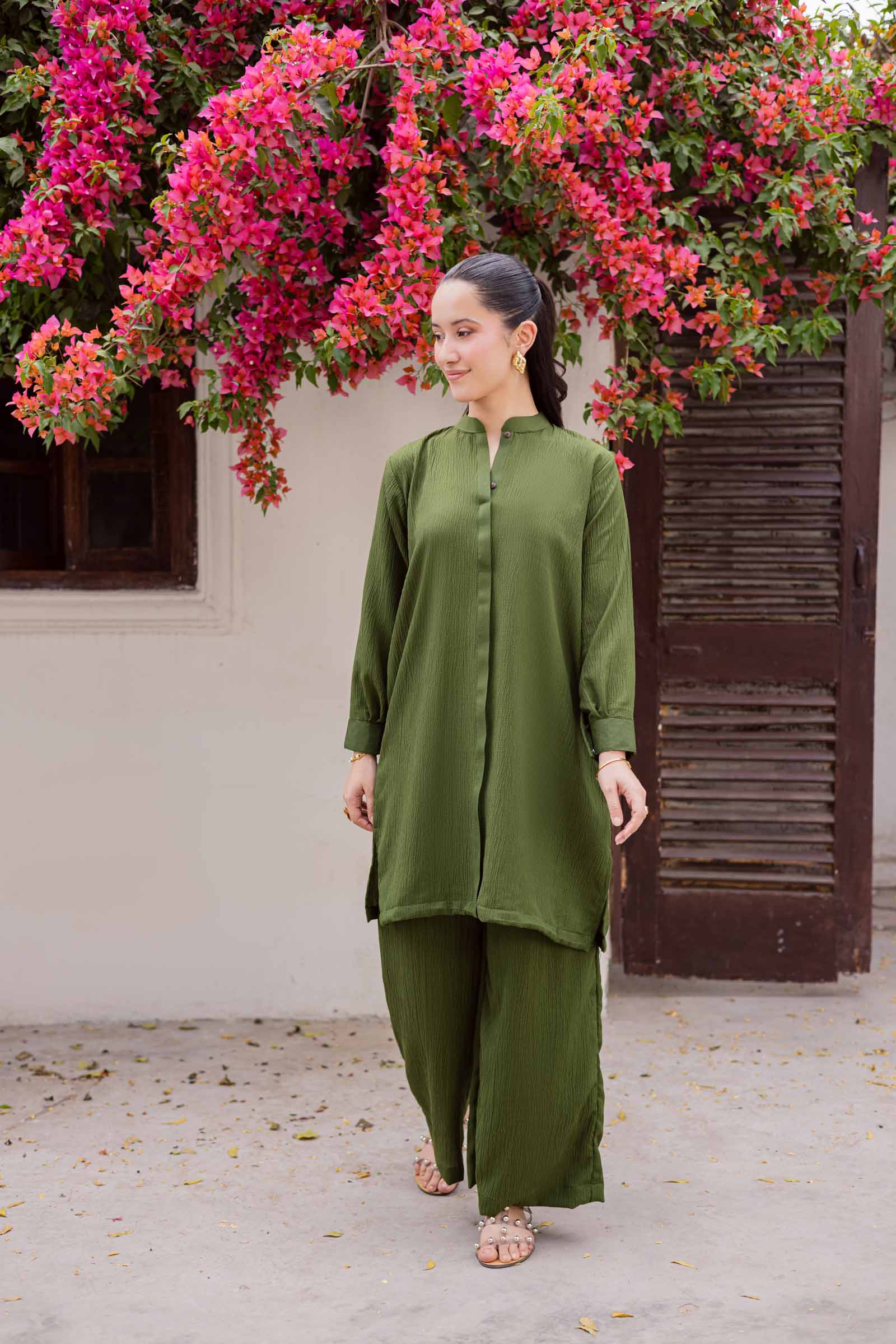 2PC Textured Dress-SP-Olive Green