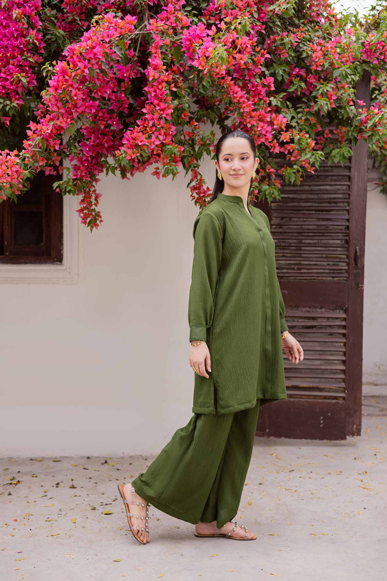 2PC Textured Dress-SP-Olive Green