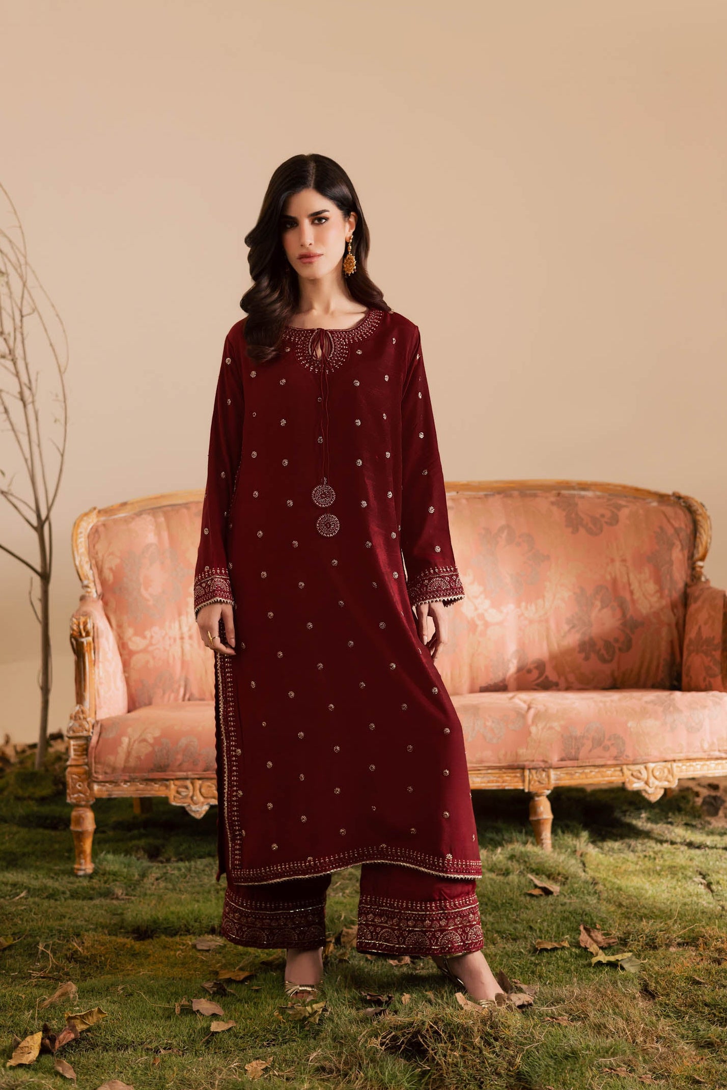 2PC Embroidered Raw Silk - Maroon