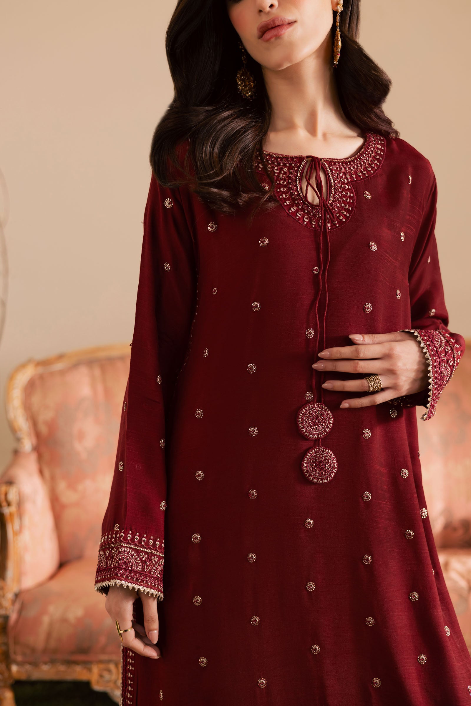 2PC Embroidered Raw Silk - Maroon