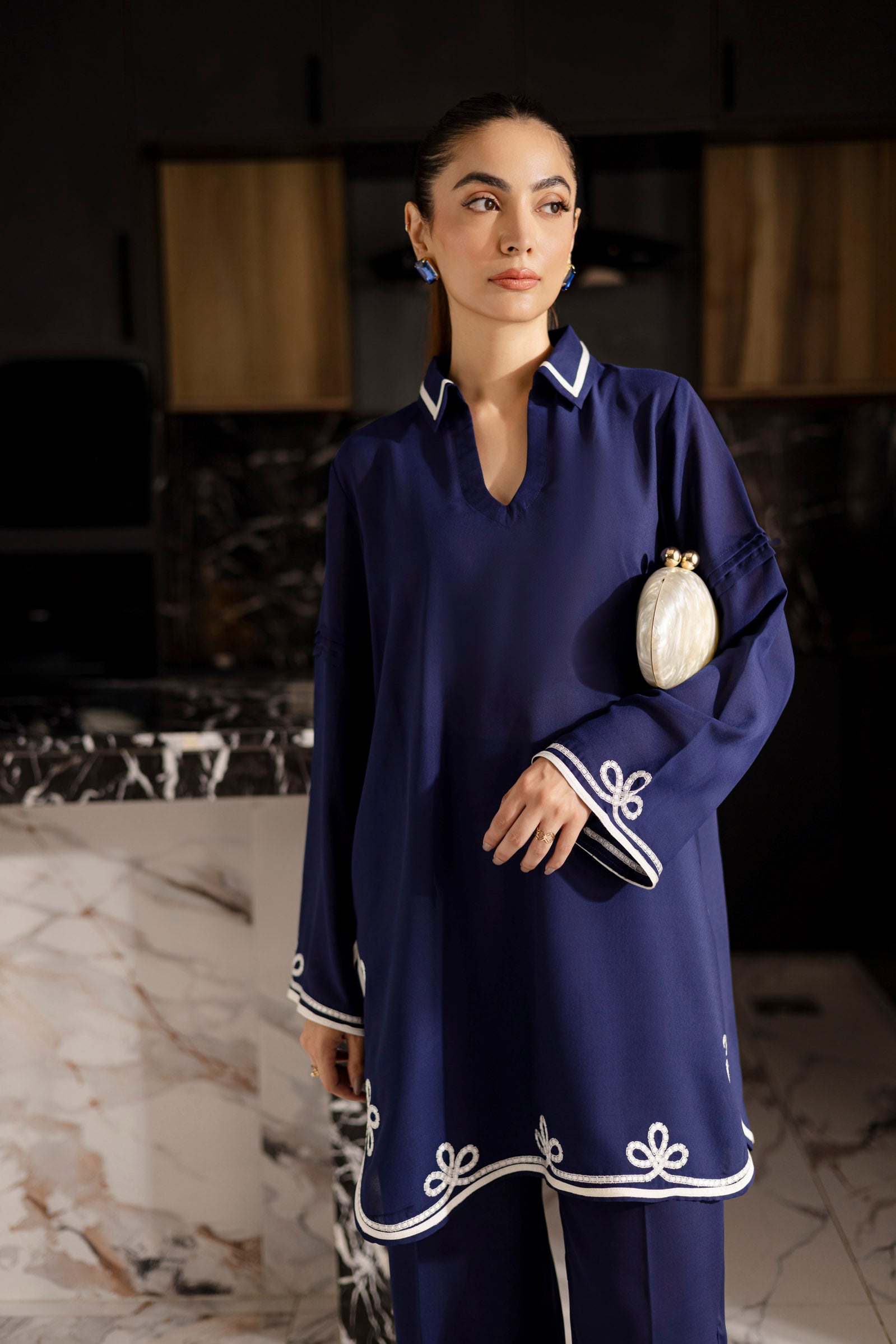 Embroidered Solid 2PC Dress - SP-06 Denim