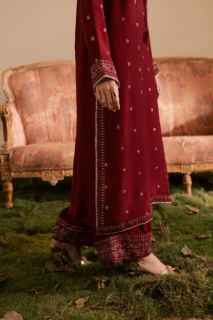 2PC Embroidered Raw Silk - Maroon