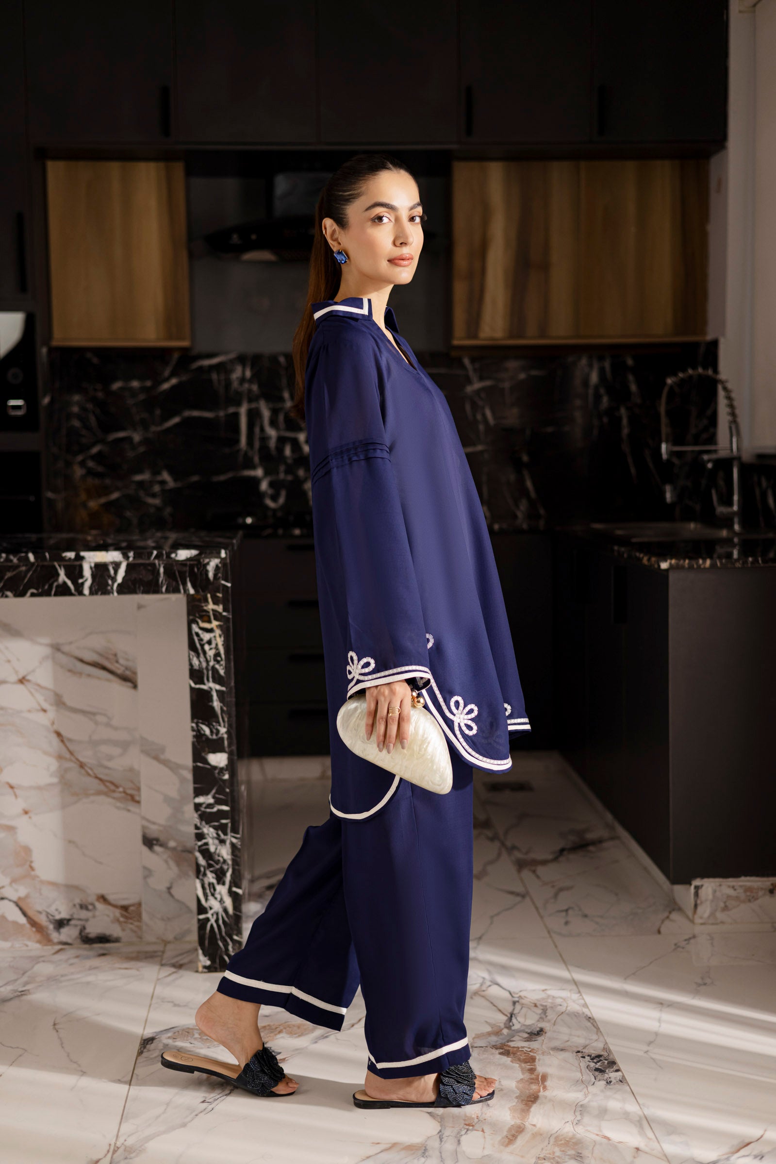 Embroidered Solid 2PC Dress - SP-06 Denim