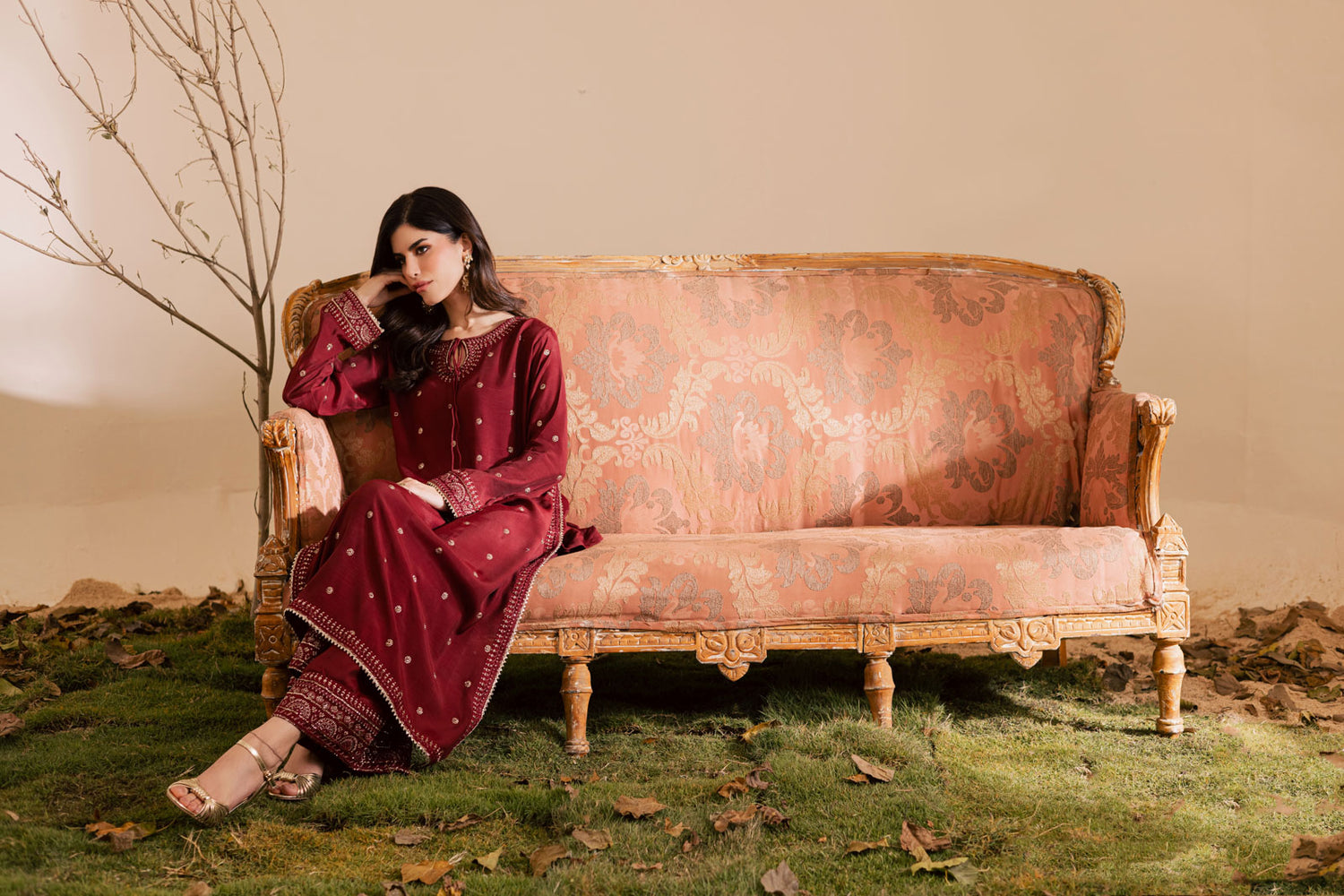 2PC Embroidered Raw Silk - Maroon