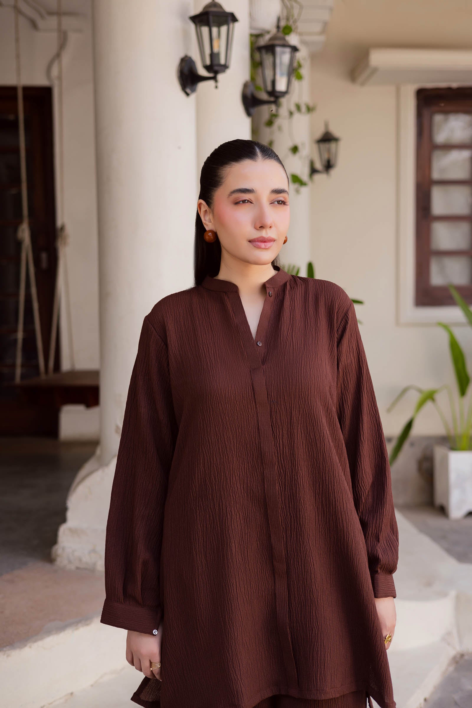 2PC Textured Dress-SP-Dark Brown