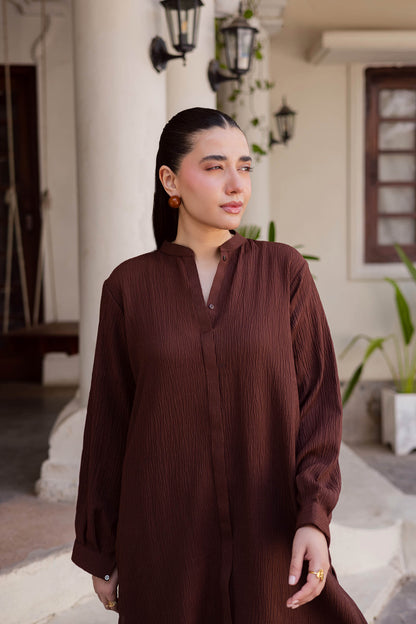 2PC Textured Dress-SP-Dark Brown