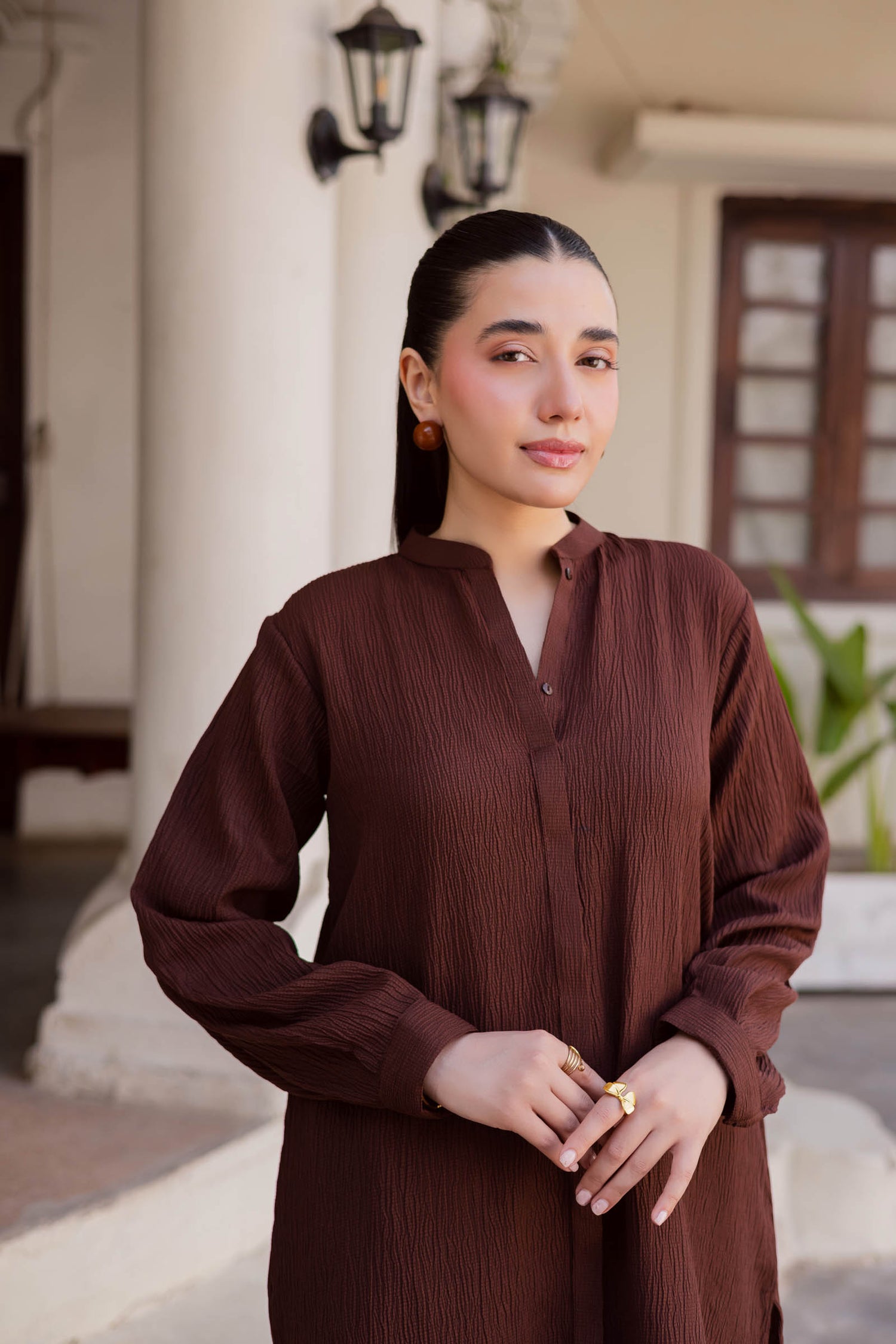 2PC Textured Dress-SP-Dark Brown