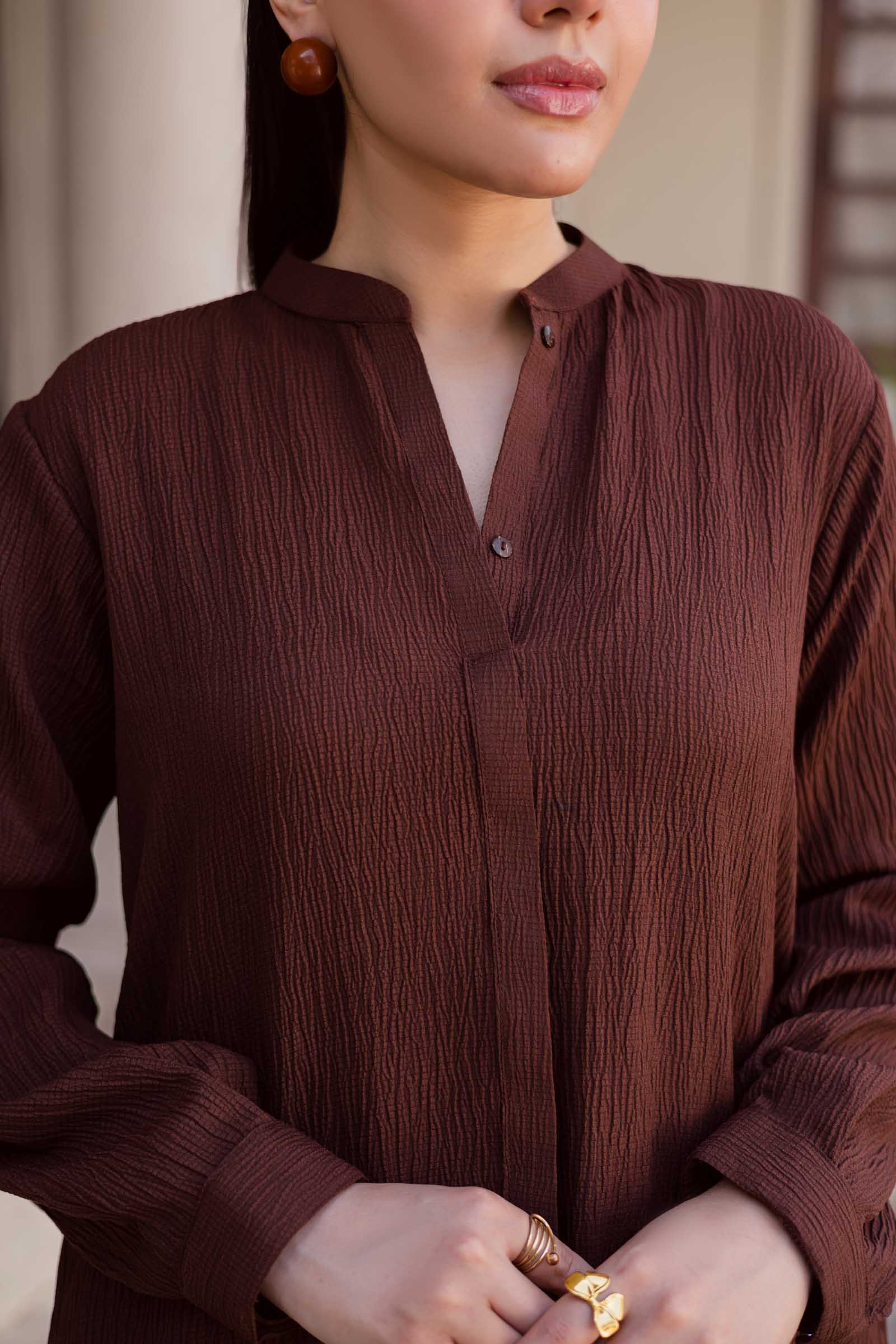 2PC Textured Dress-SP-Dark Brown