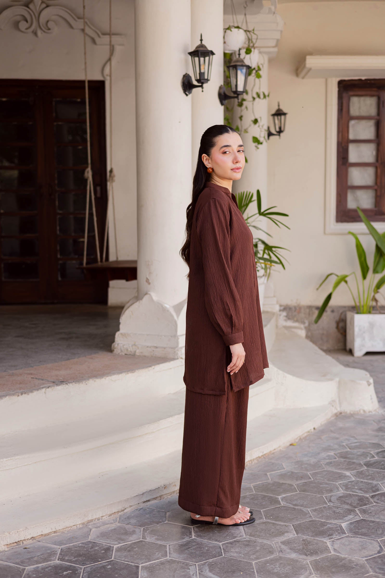 2PC Textured Dress-SP-Dark Brown