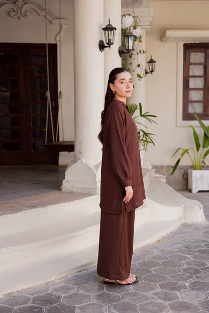 2PC Textured Dress-SP-Dark Brown