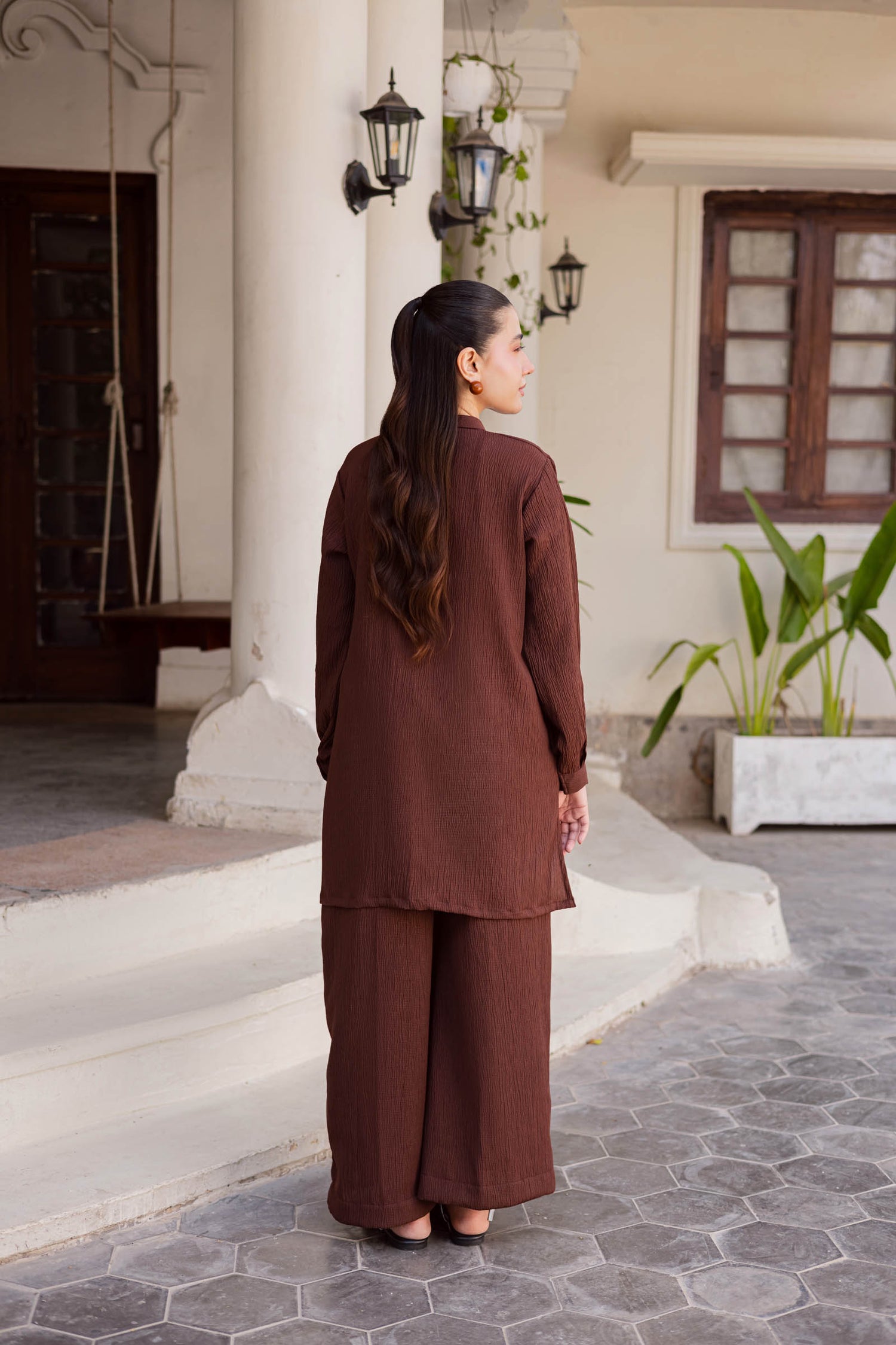 2PC Textured Dress-SP-Dark Brown
