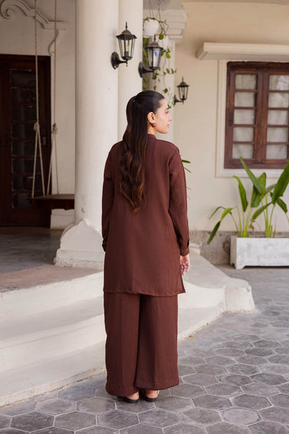 2PC Textured Dress-SP-Dark Brown
