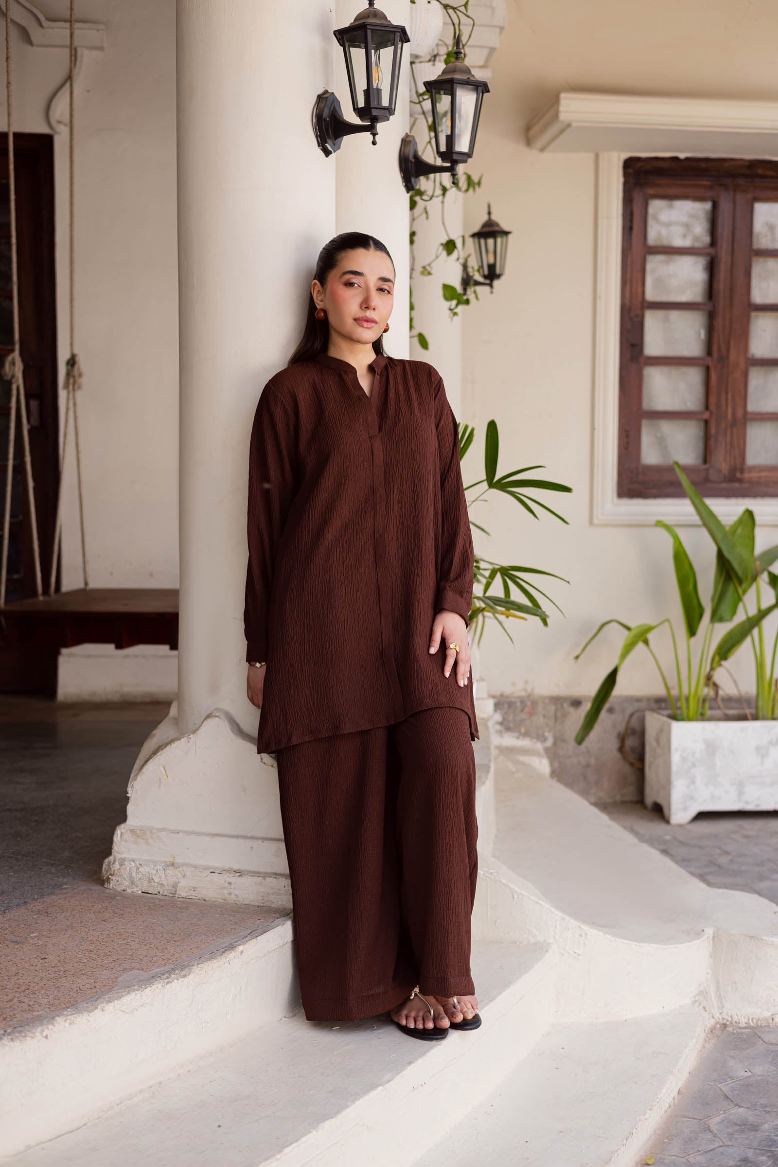 2PC Textured Dress-SP-Dark Brown