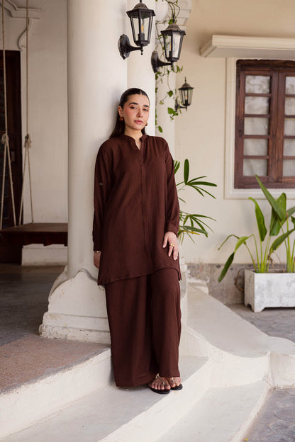 2PC Textured Dress-SP-Dark Brown