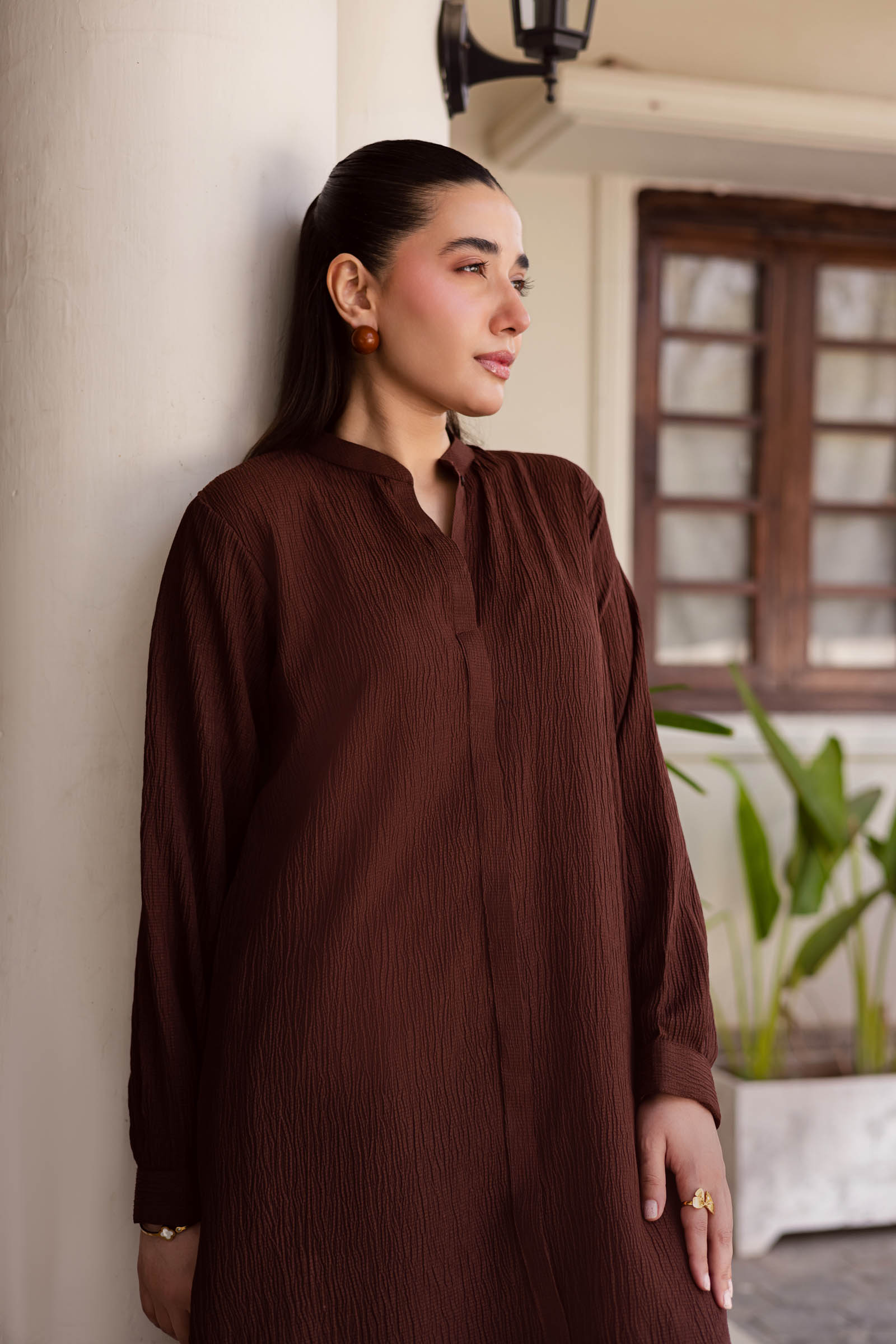 2PC Textured Dress-SP-Dark Brown