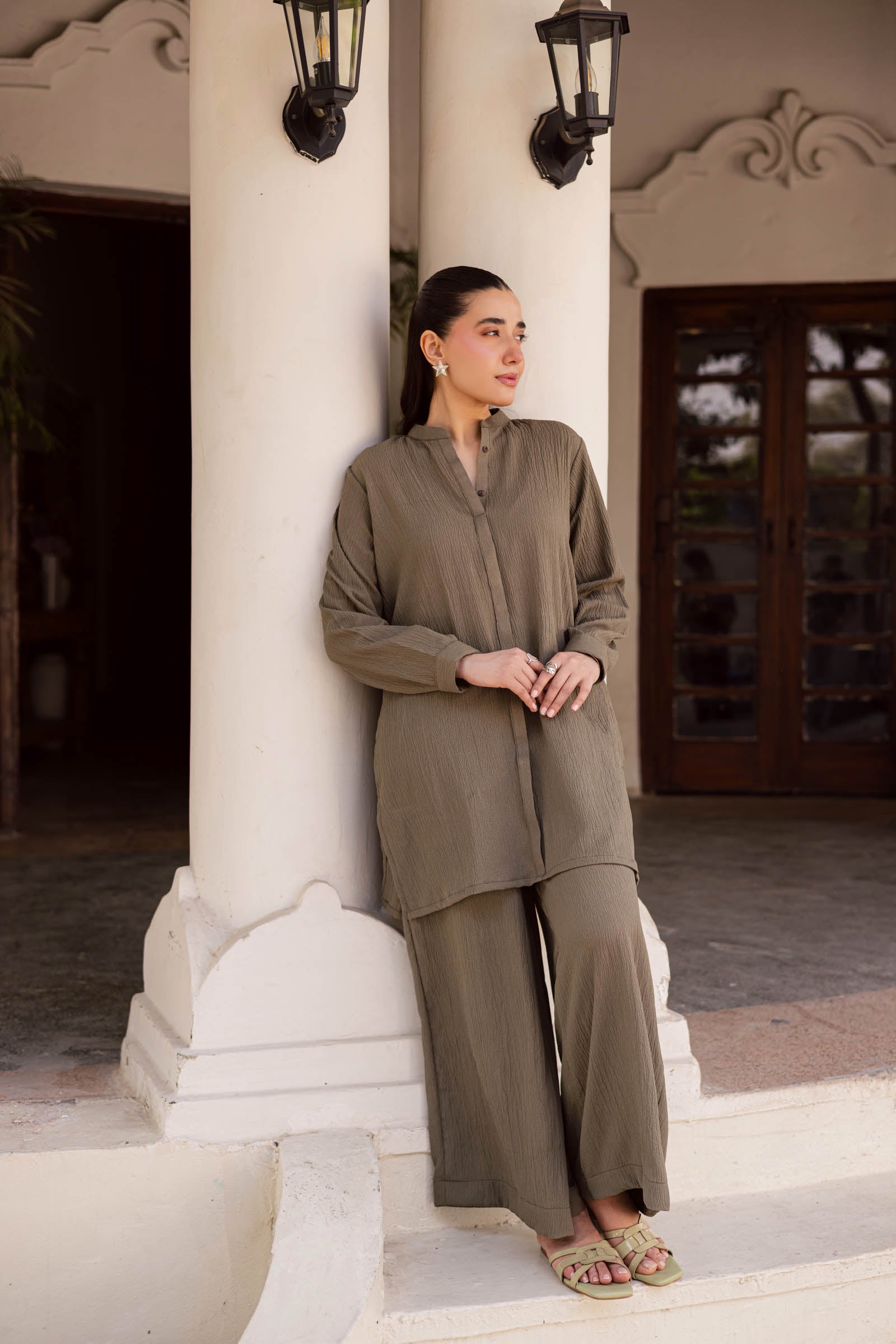 2PC Textured Dress-SP-Sage Green