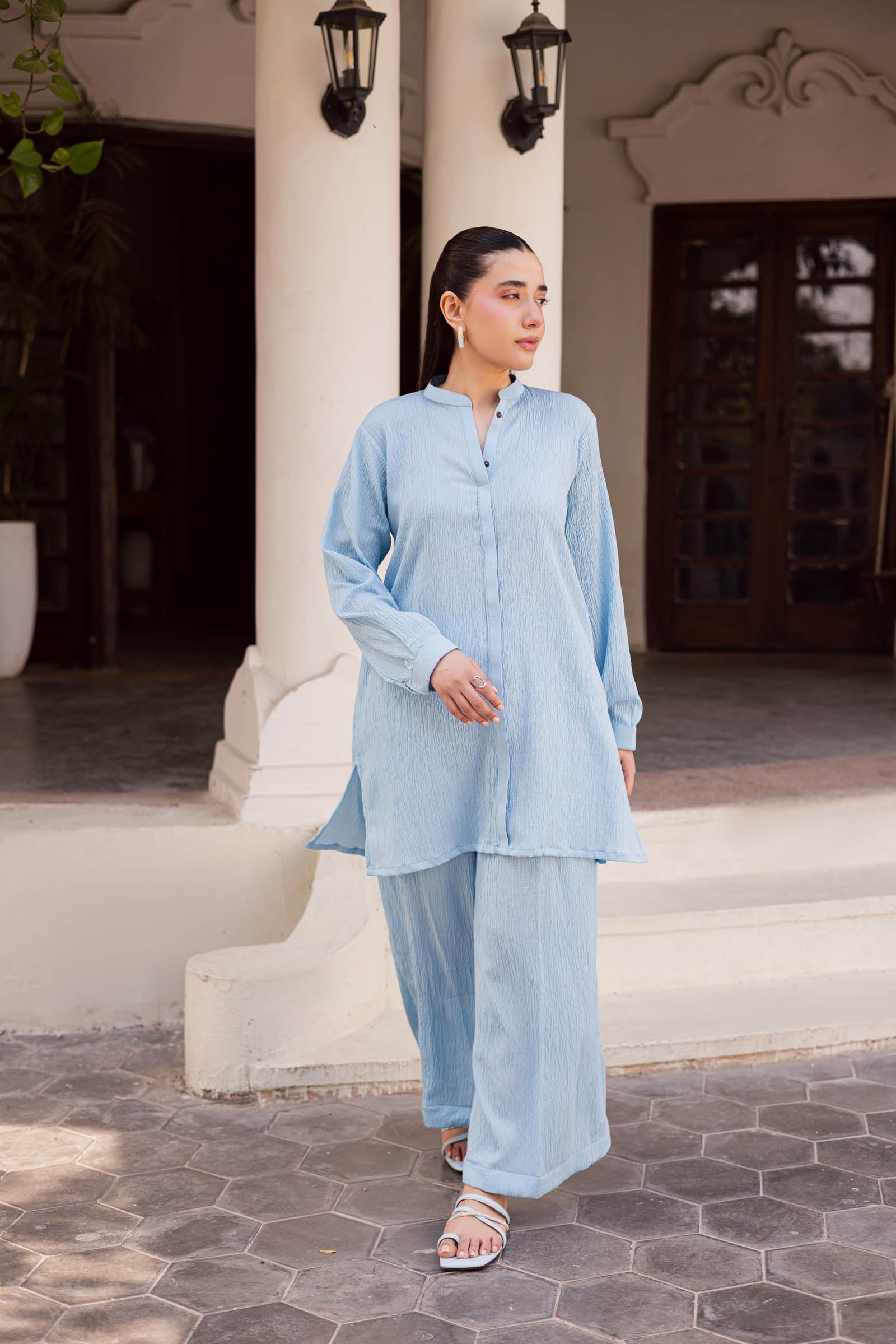 2PC Textured Dress-SP-Ice Blue