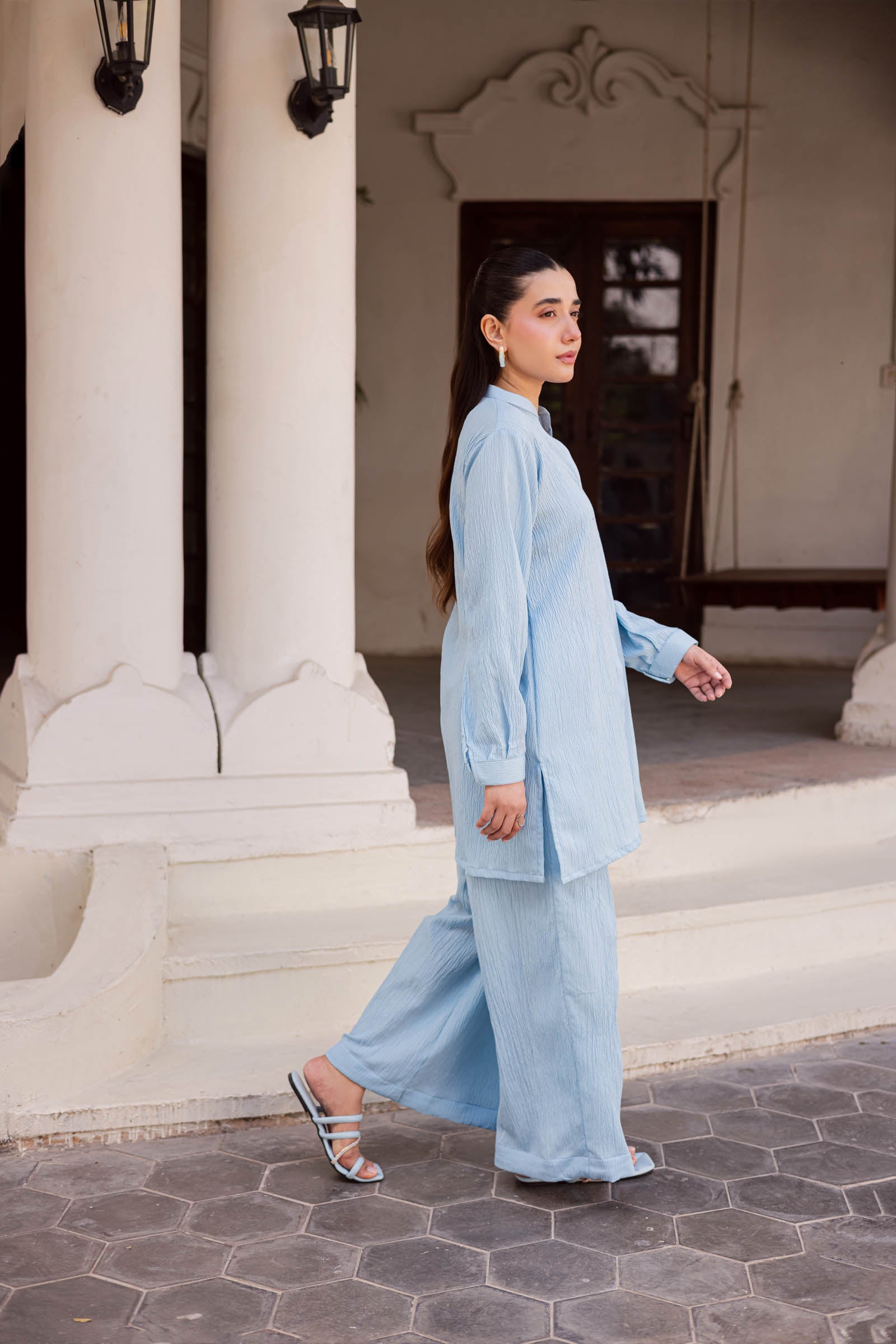 2PC Textured Dress-SP-Ice Blue