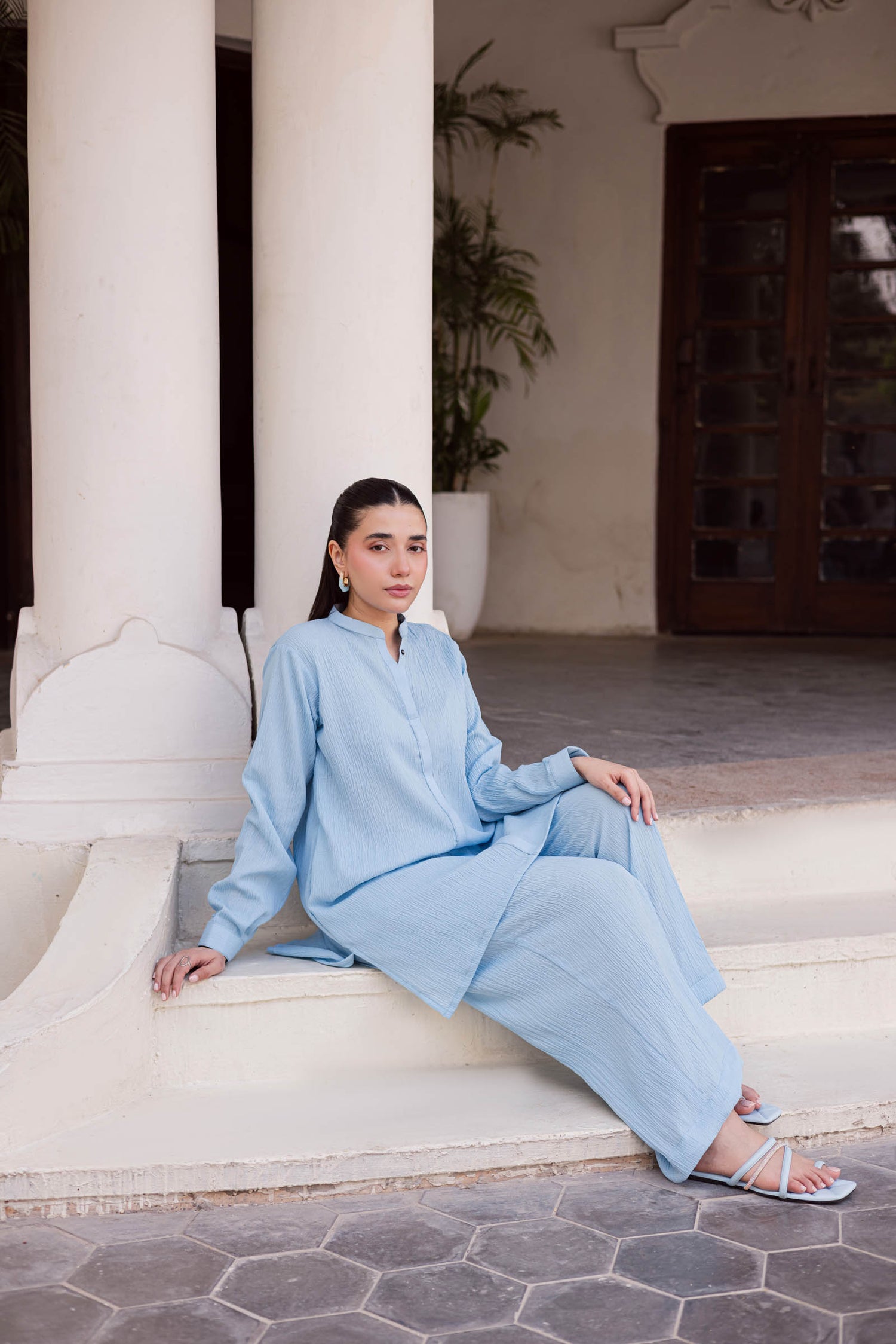 2PC Textured Dress-SP-Ice Blue