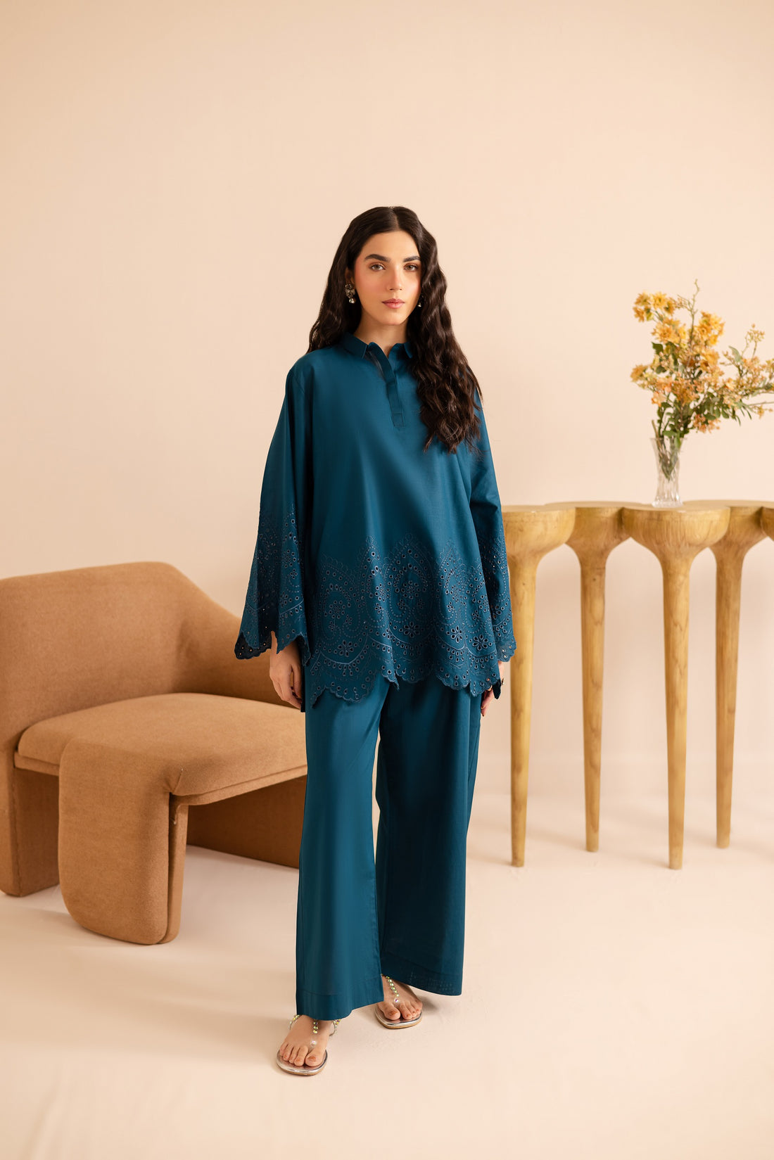Schiffli Embroidered Co-Ord - 1158-TEAL