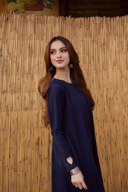 Raw Silk Frock-Navy Blue