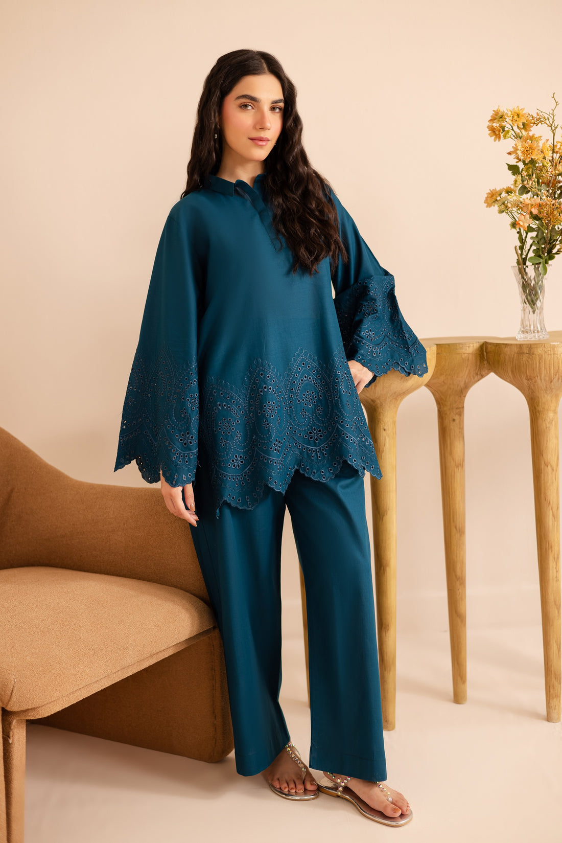 Schiffli Embroidered Co-Ord - 1158-TEAL