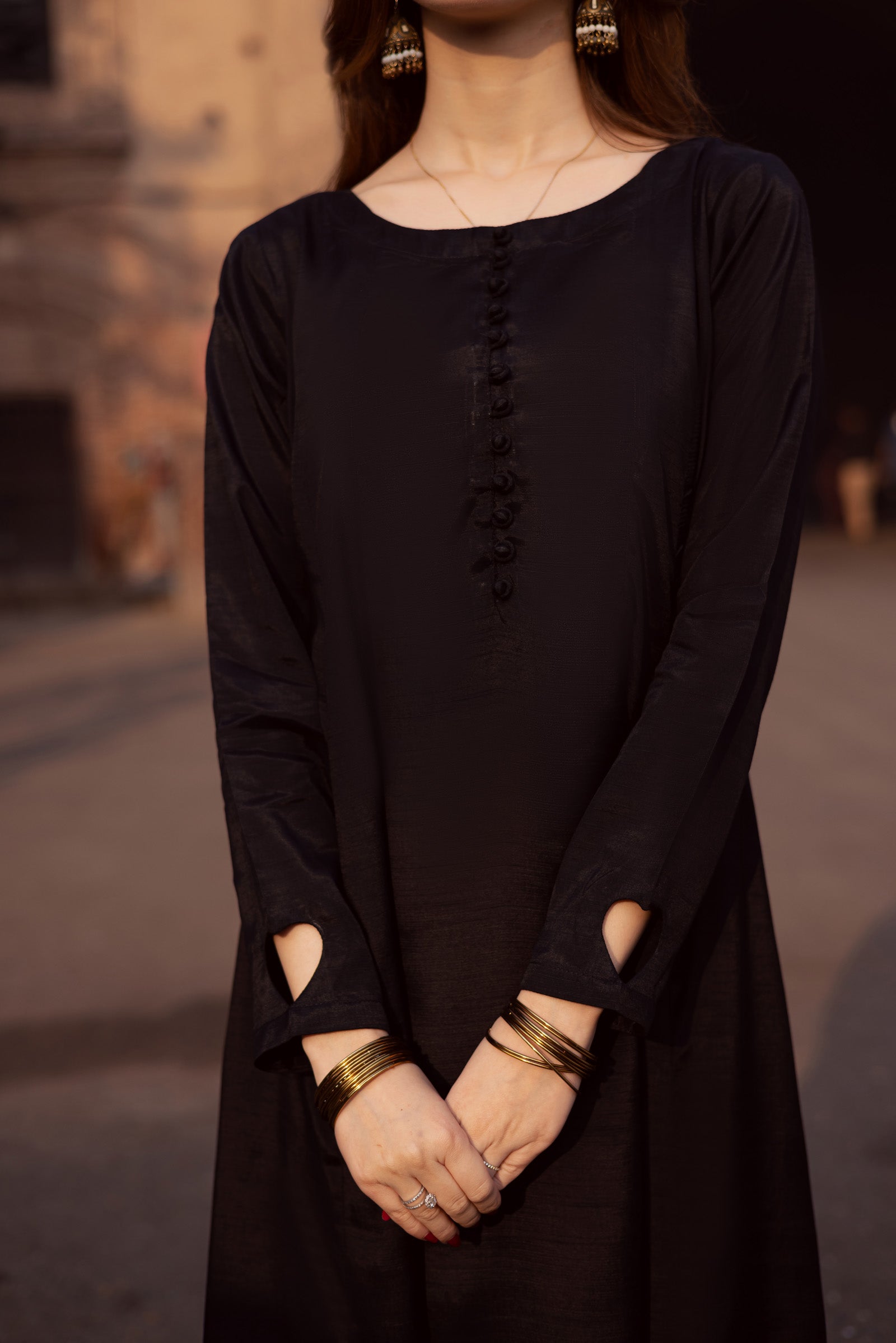 Raw Silk Frock-Black