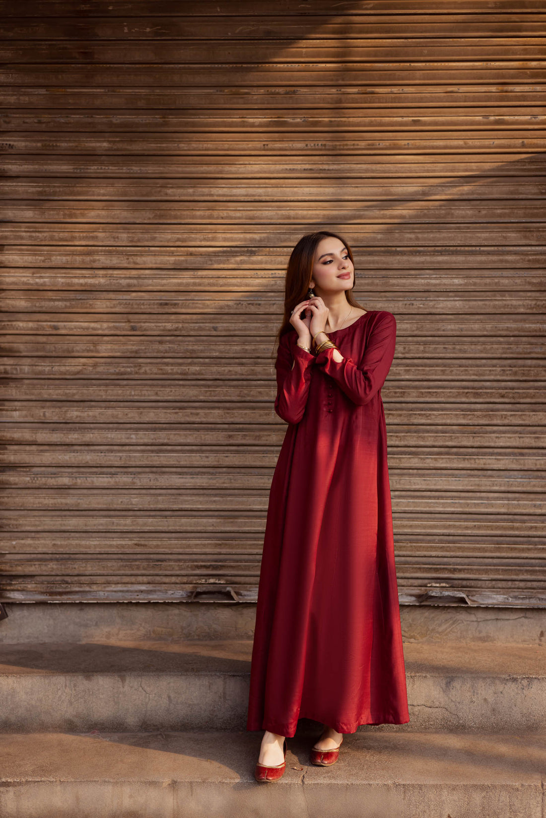Raw Silk Frock-Maroon