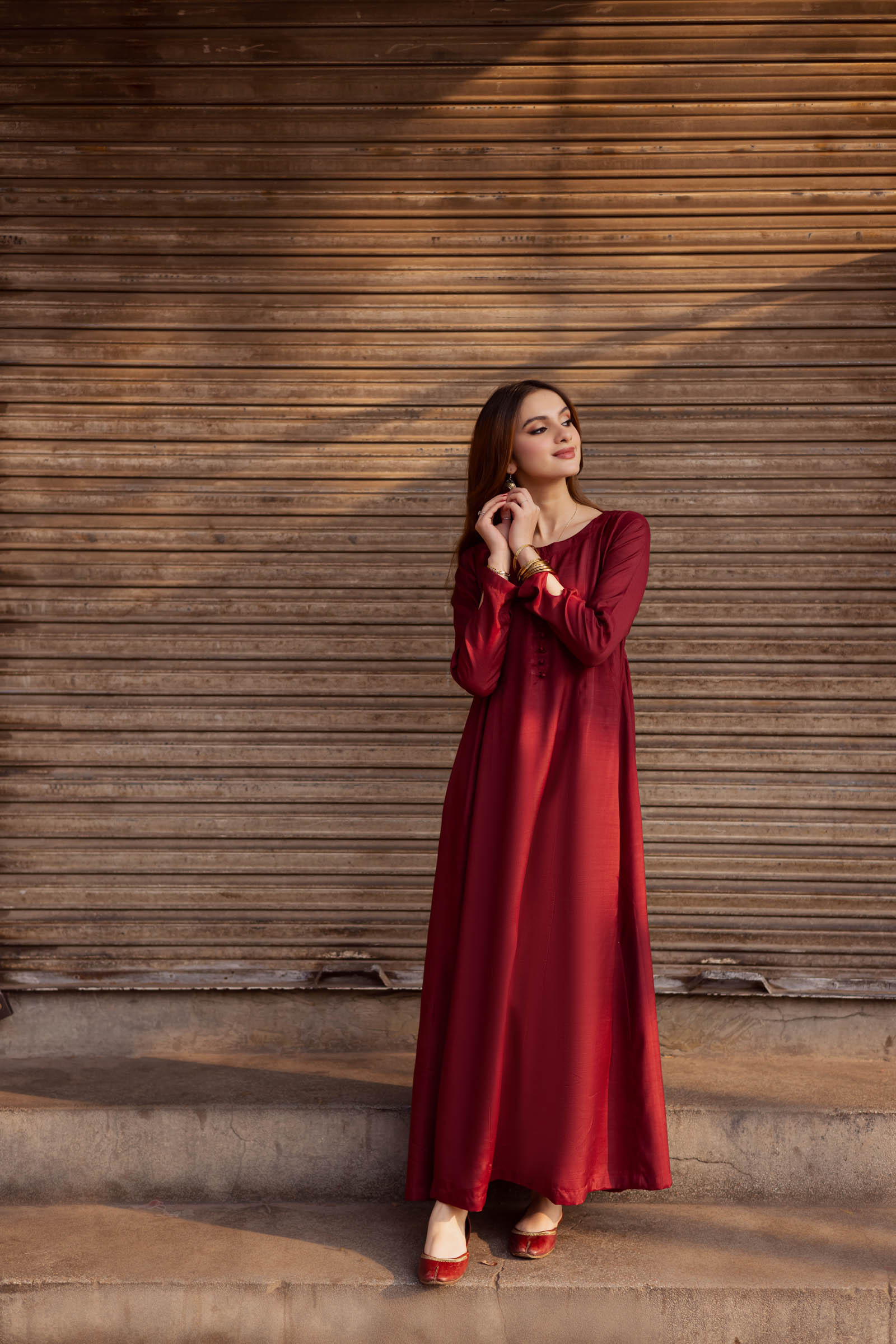 Raw Silk Frock-Maroon