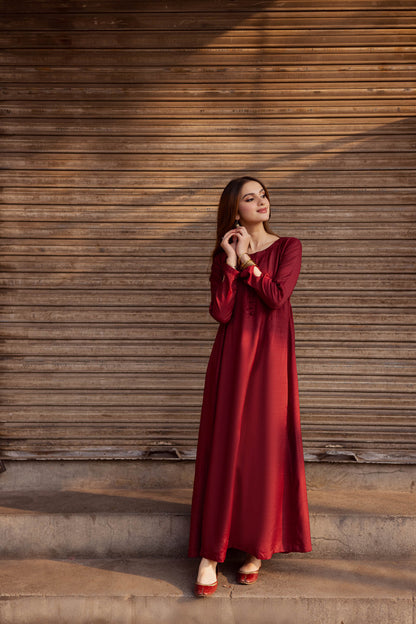 Raw Silk Frock-Maroon