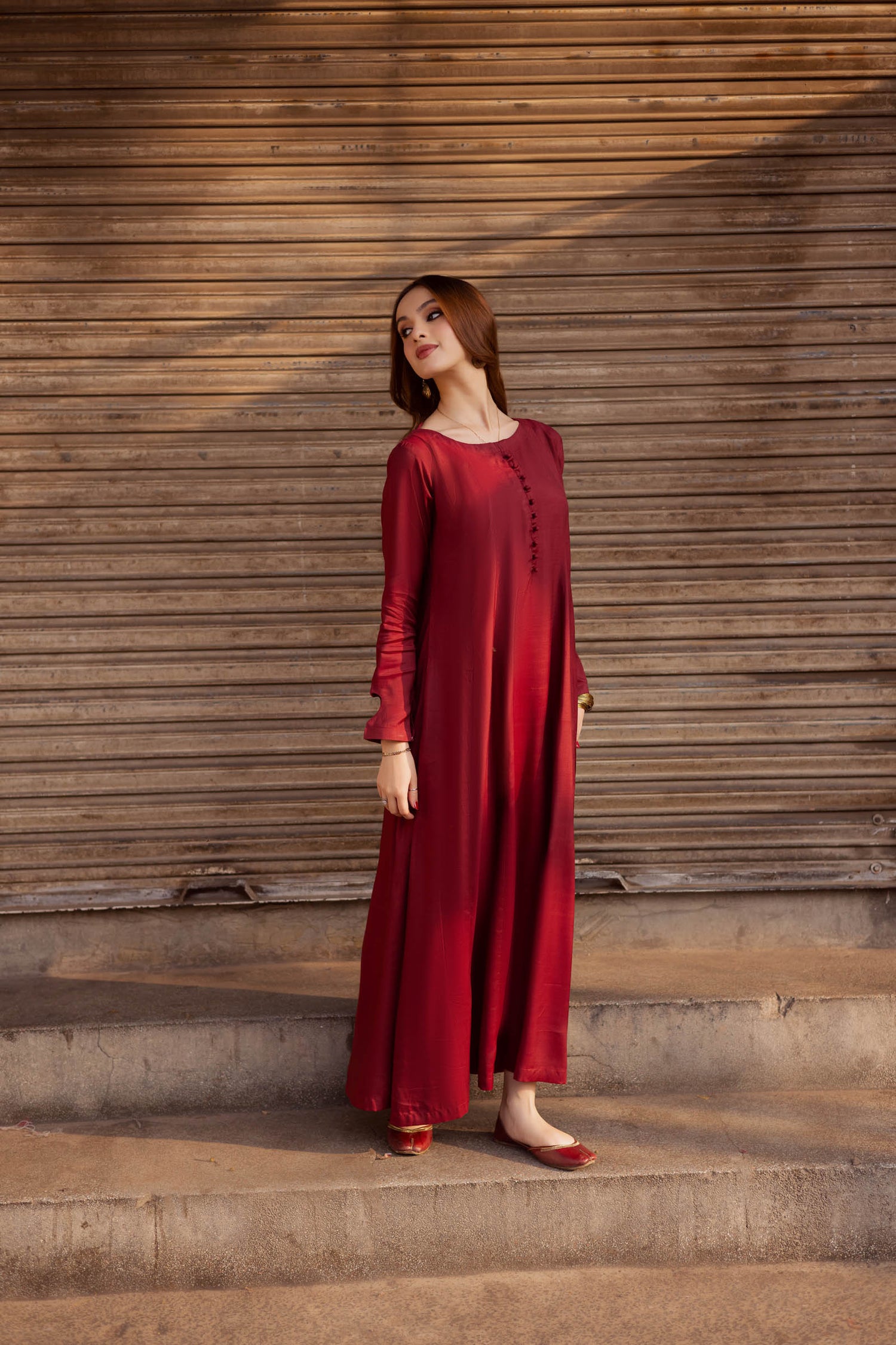 Raw Silk Frock-Maroon