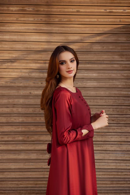 Raw Silk Frock-Maroon