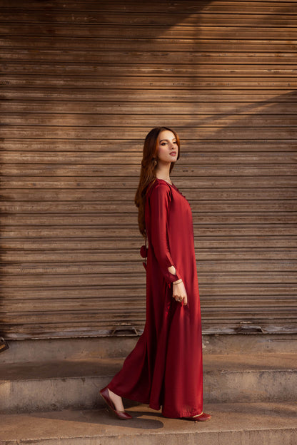 Raw Silk Frock-Maroon