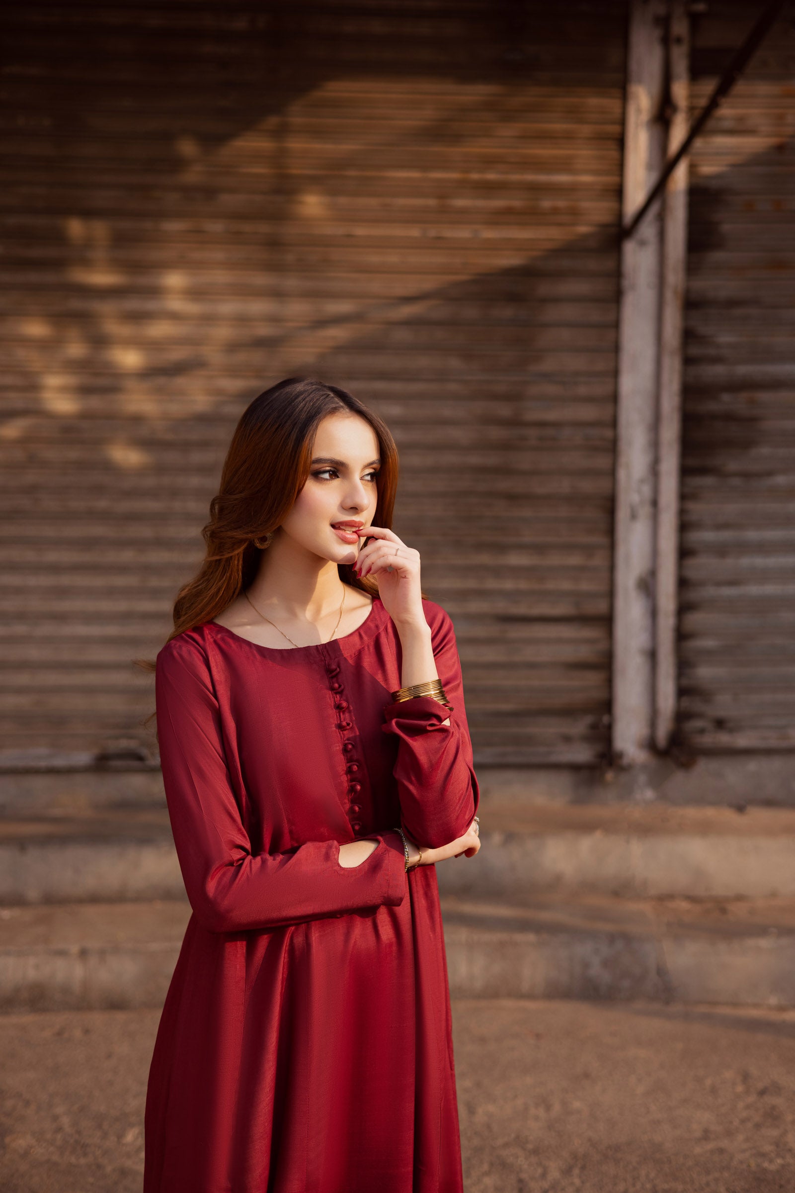 Raw Silk Frock-Maroon