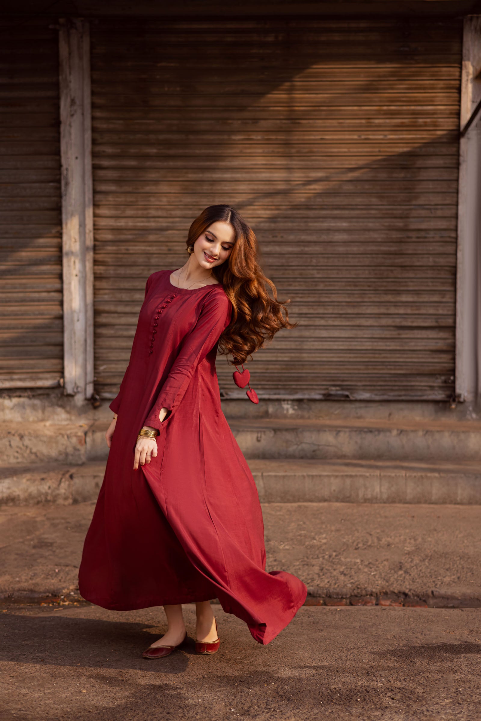 Raw Silk Frock-Maroon