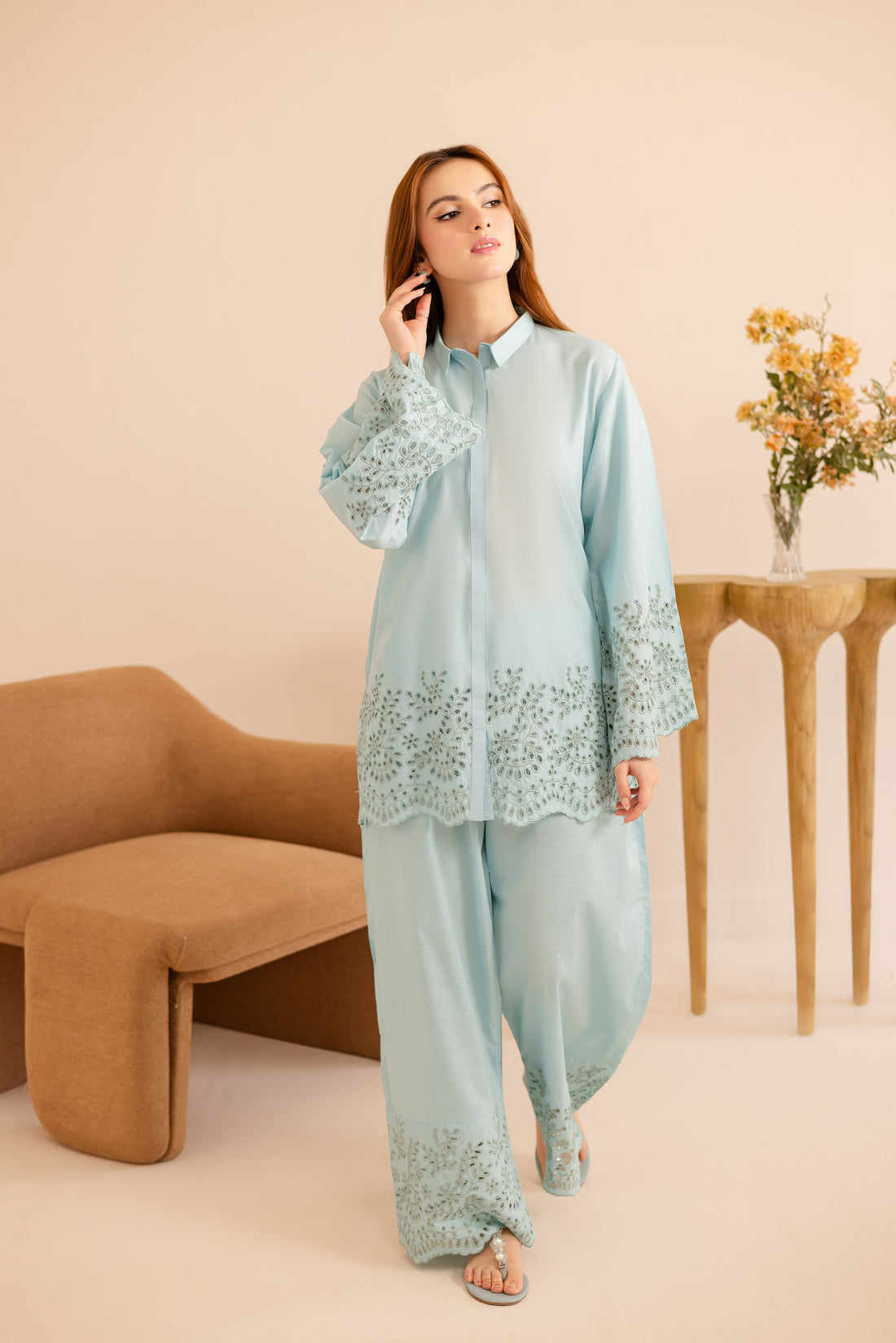 Schiffli Embroidered Co-Ord - 1162-S.BLU