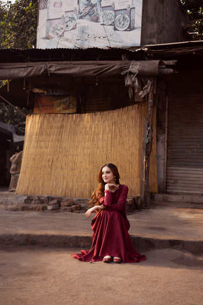 Raw Silk Frock-Maroon