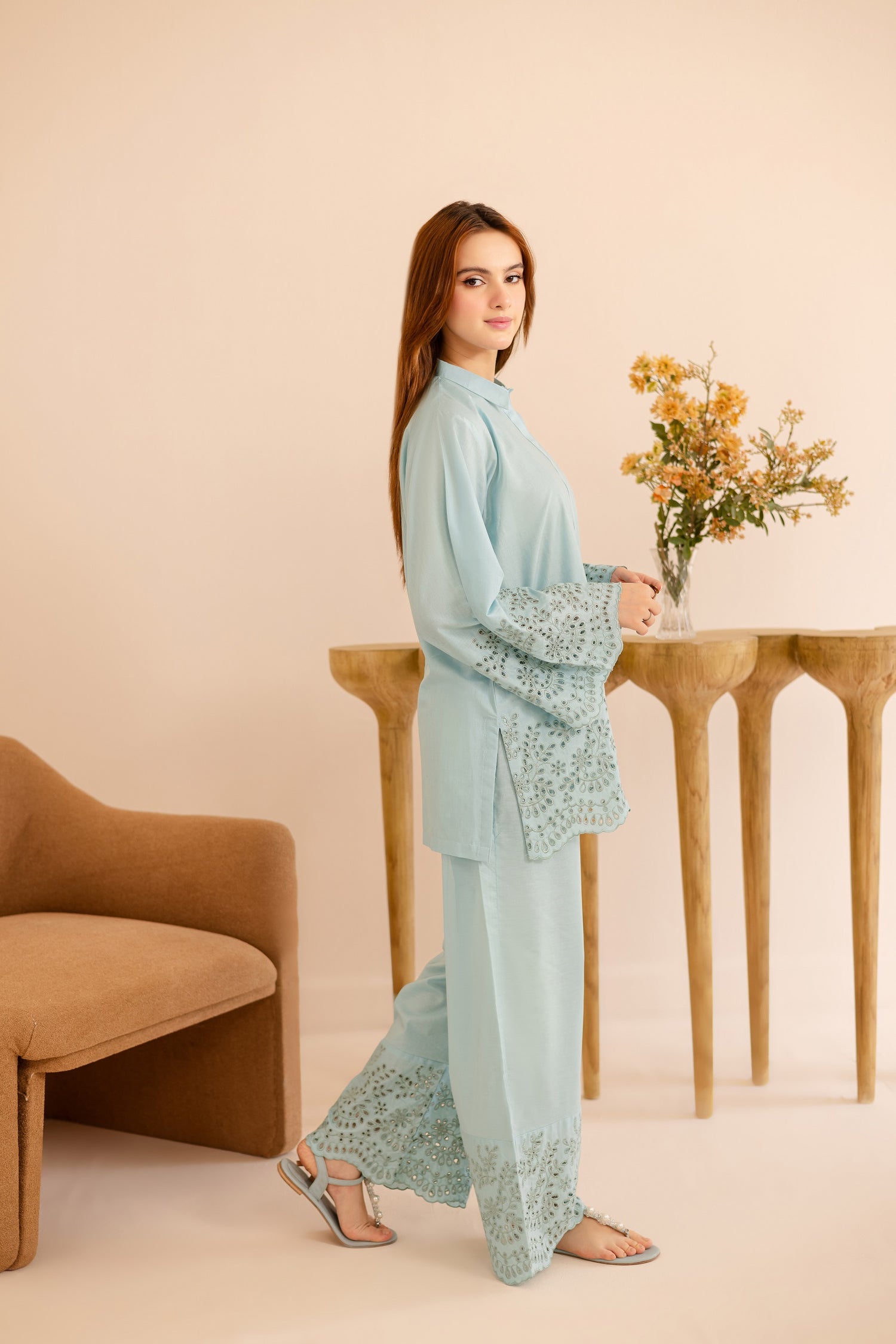 Schiffli Embroidered Co-Ord - 1162-S.BLU