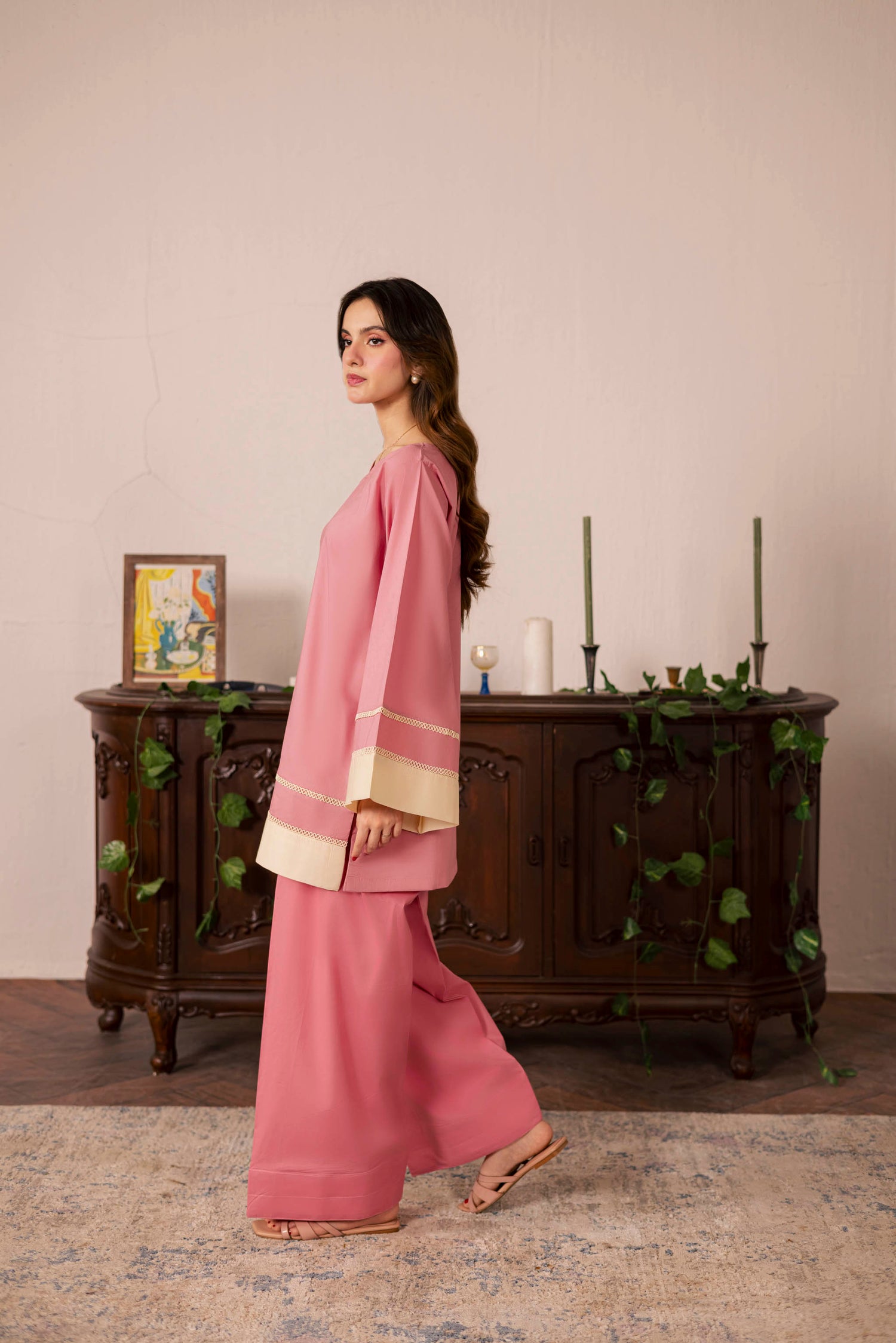 2PC Solid Colour Block Dress - 05 Pink